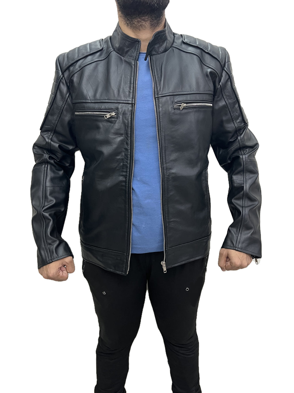 Men Darkride black leather motorcycle cafe racer jacket front straight view