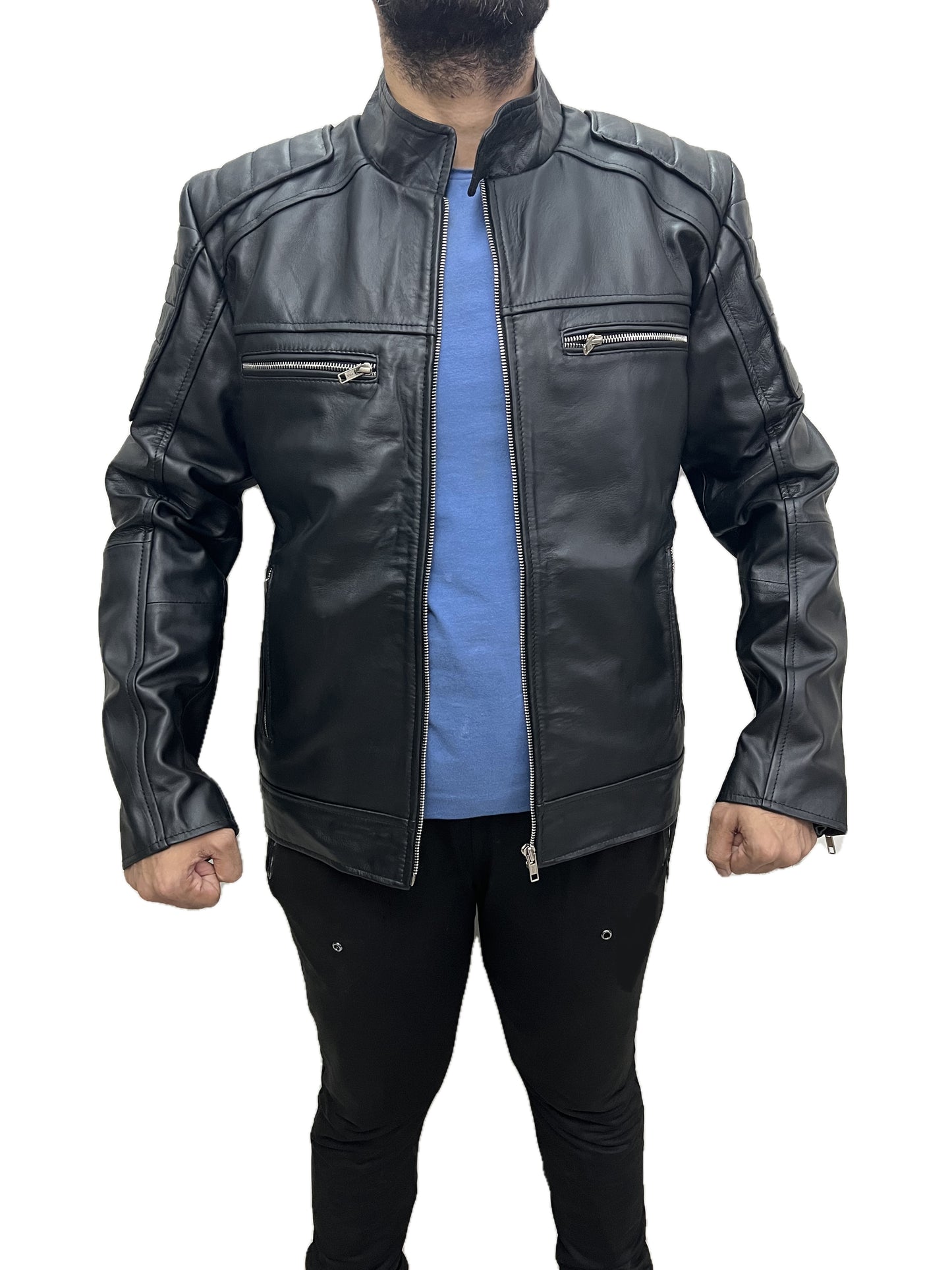 Men Darkride black leather motorcycle cafe racer jacket front straight view