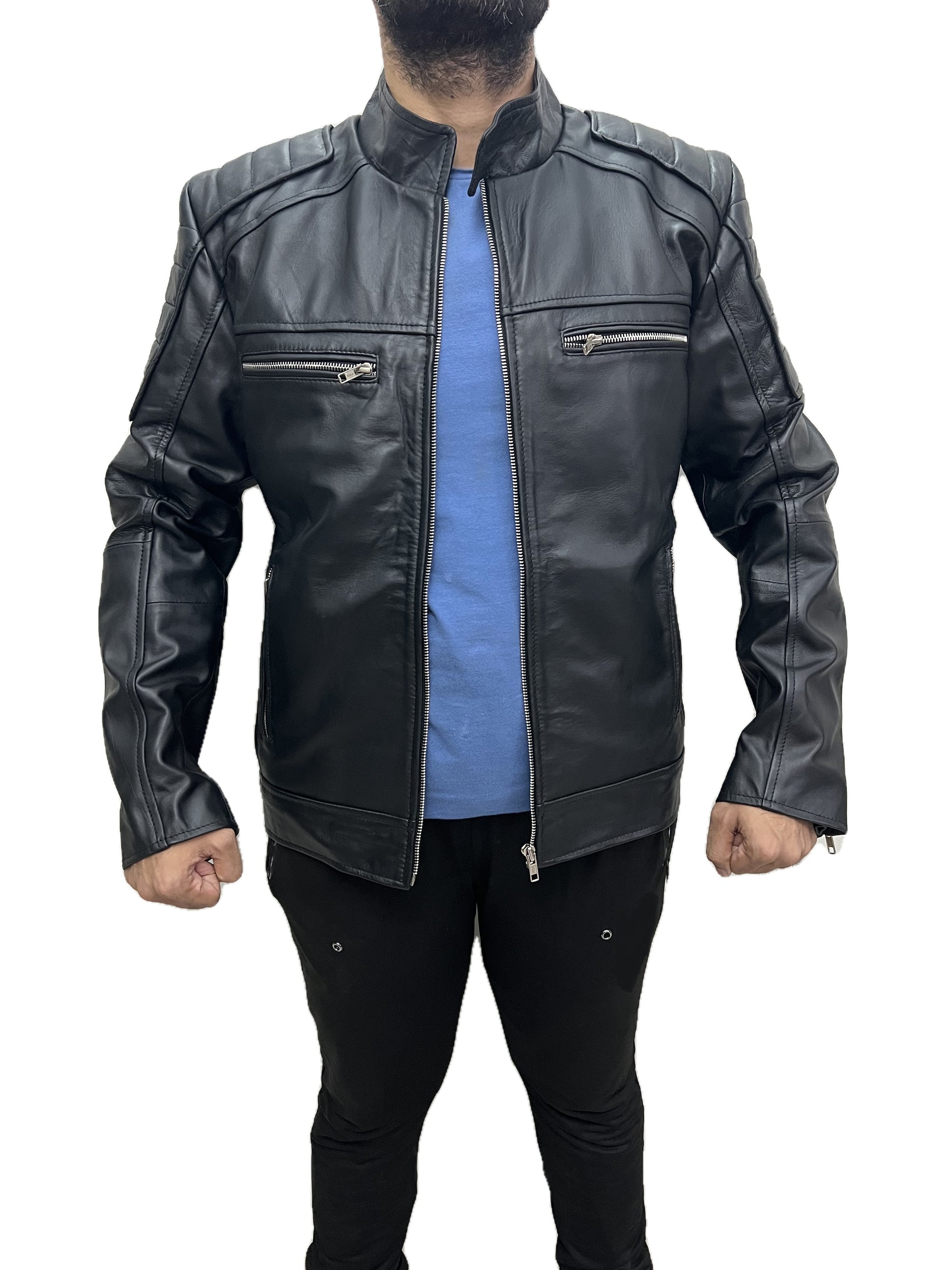 Men Darkride black leather motorcycle cafe racer jacket front straight view