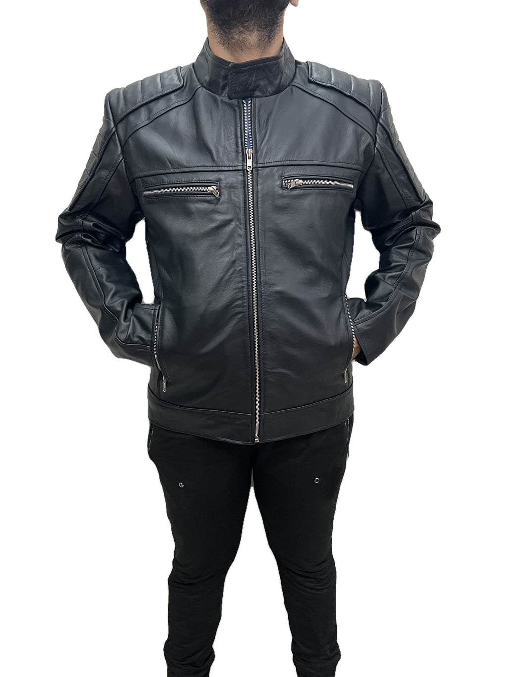 Men Darkride motorcycle cafe racer jacket angled front close-up