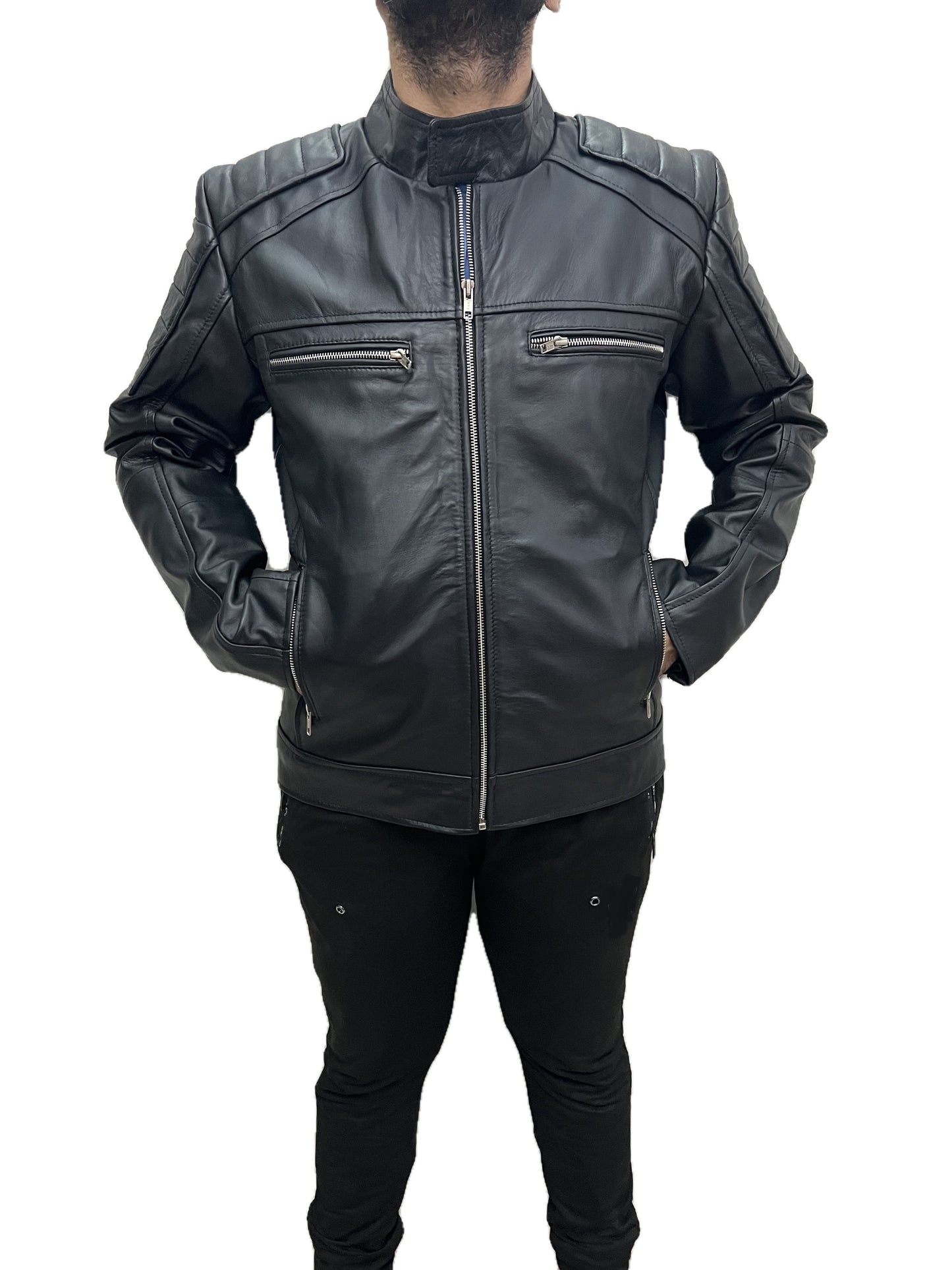 Men Darkride motorcycle cafe racer jacket angled front close-up