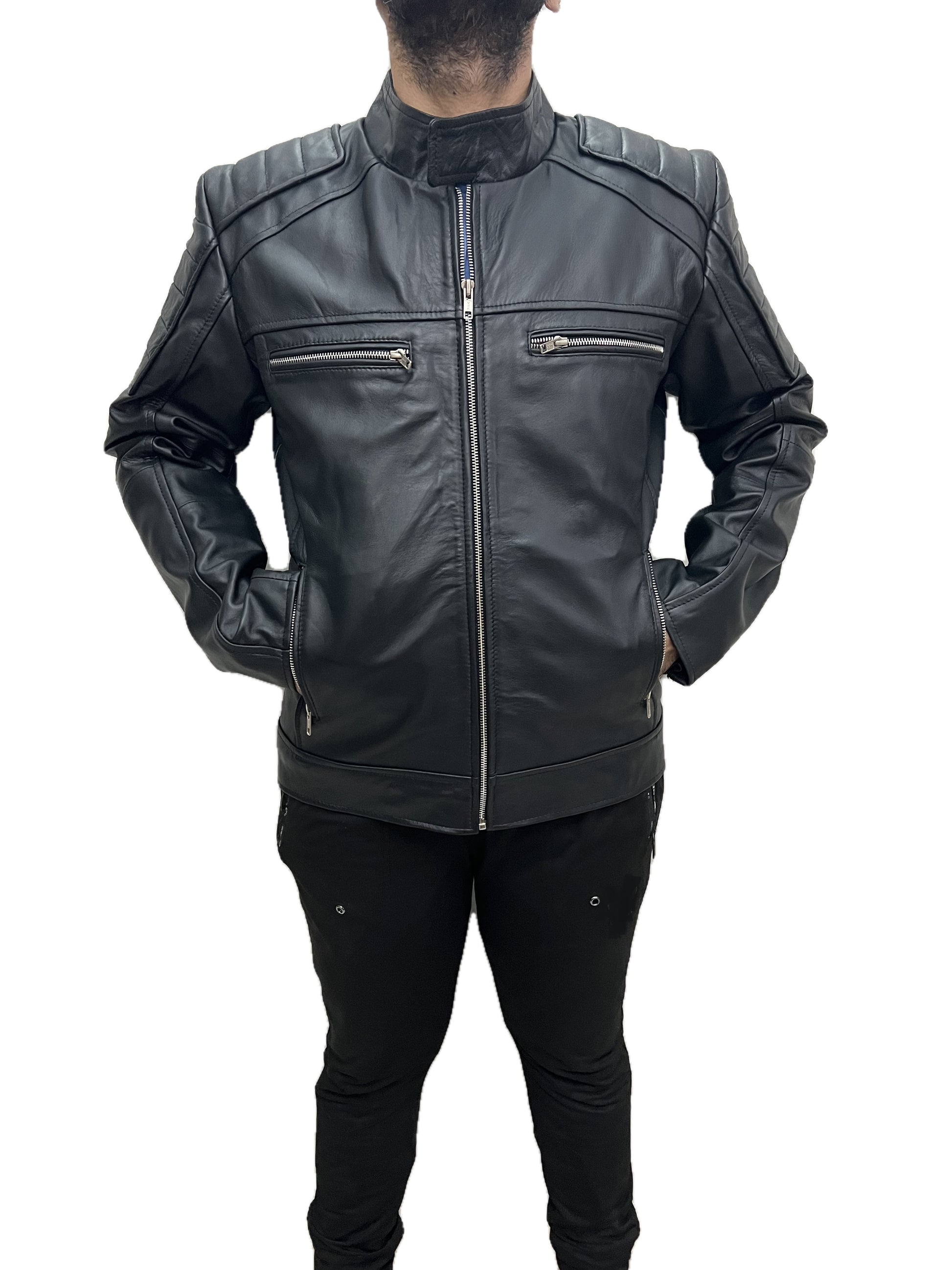 Men Darkride motorcycle cafe racer jacket angled front close-up