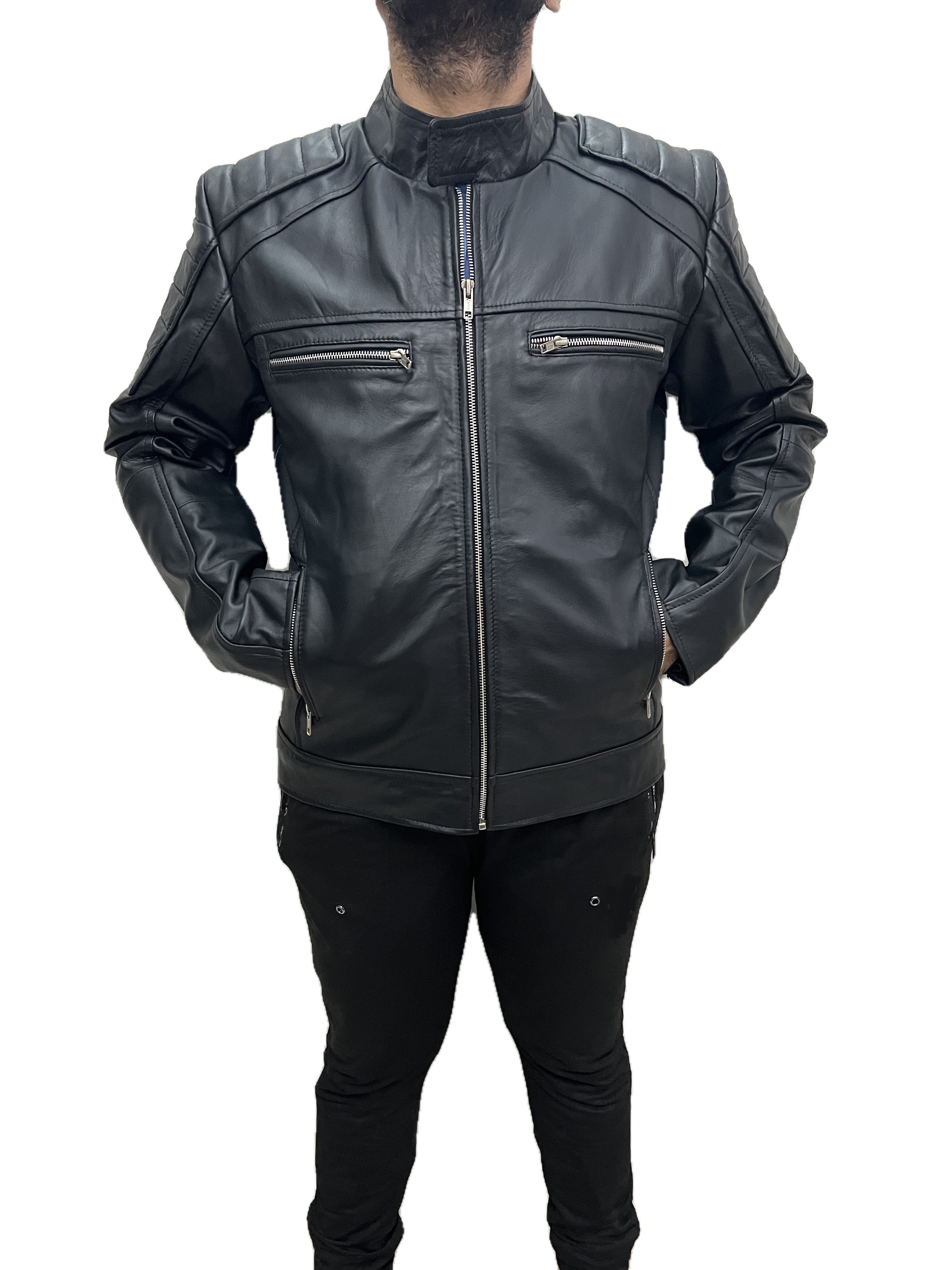 Men Darkride motorcycle cafe racer jacket angled front close-up