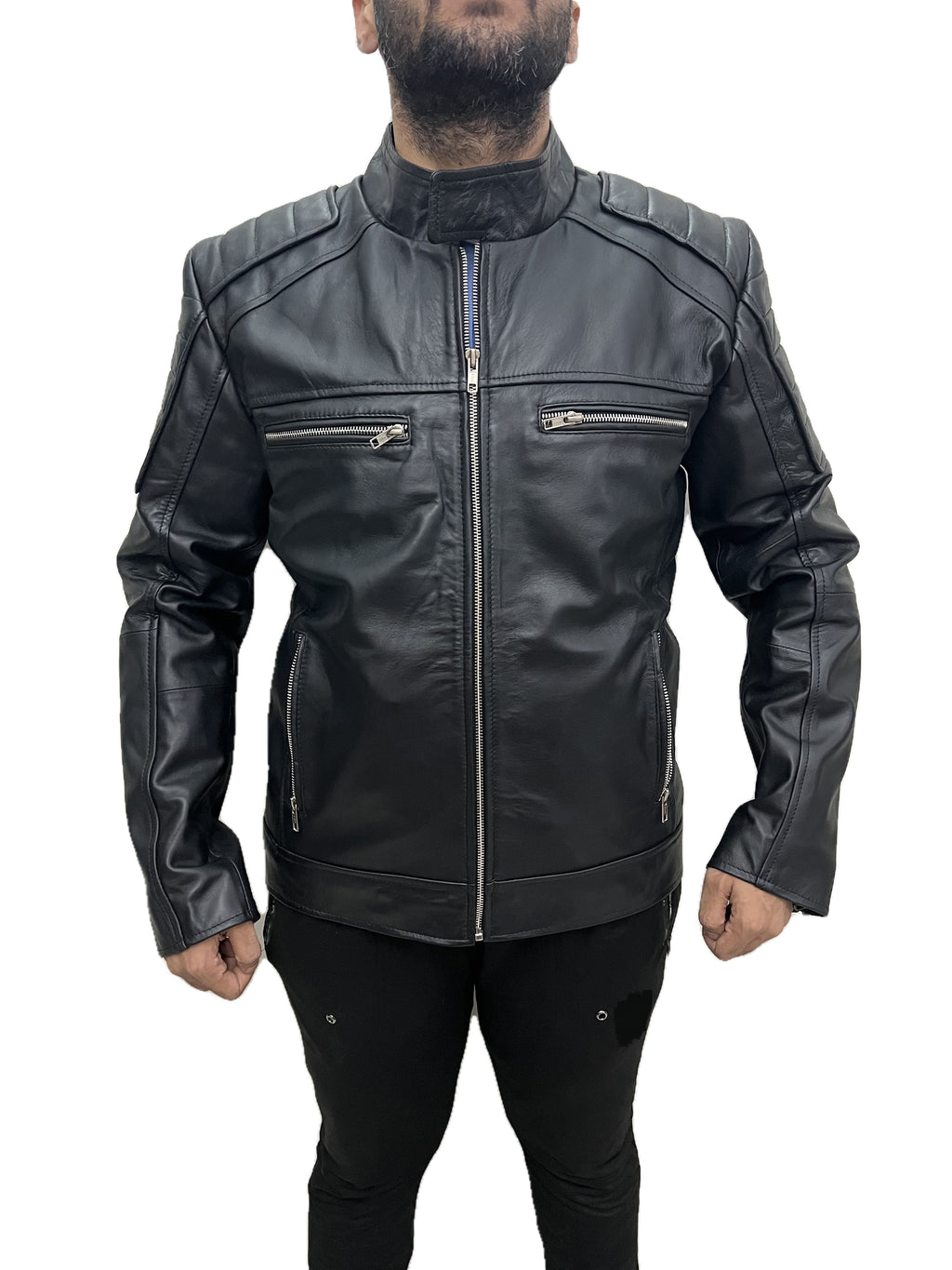 Men Darkride motorcycle cafe racer biker leather jacket front view over blue shirt