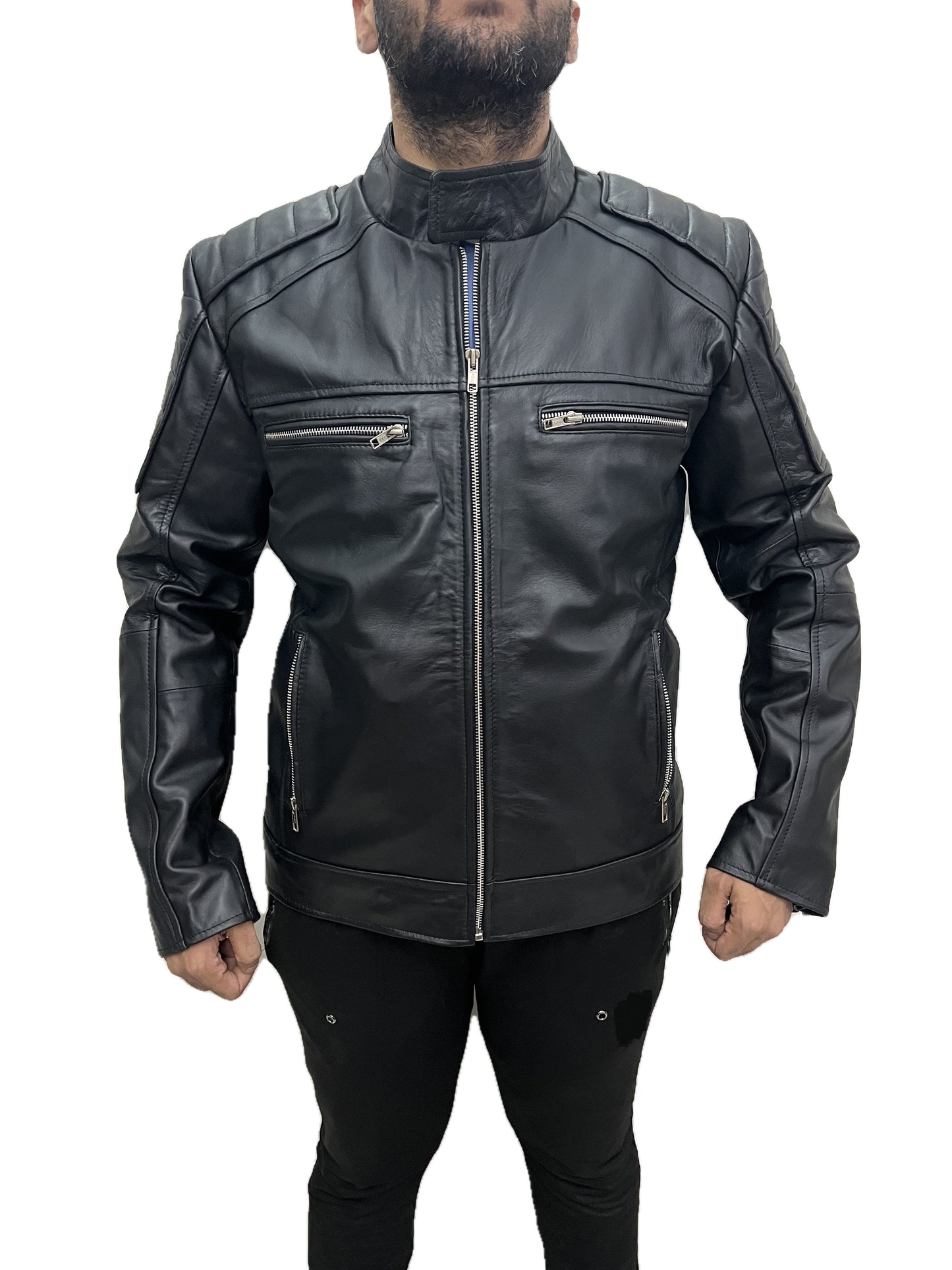 Men Darkride motorcycle cafe racer biker leather jacket front view over blue shirt