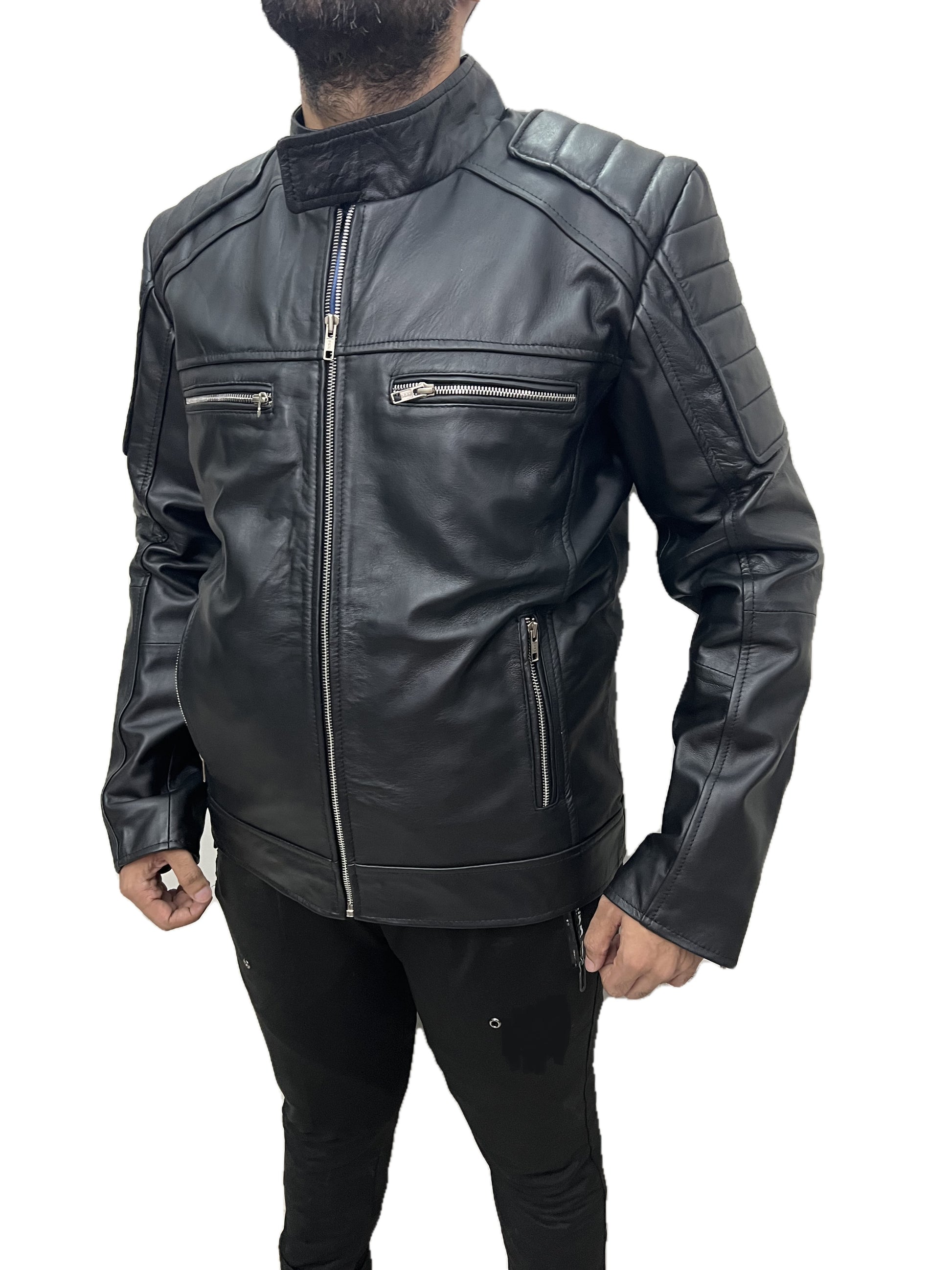 Men Darkride cafe racer biker black leather jacket right side angle
