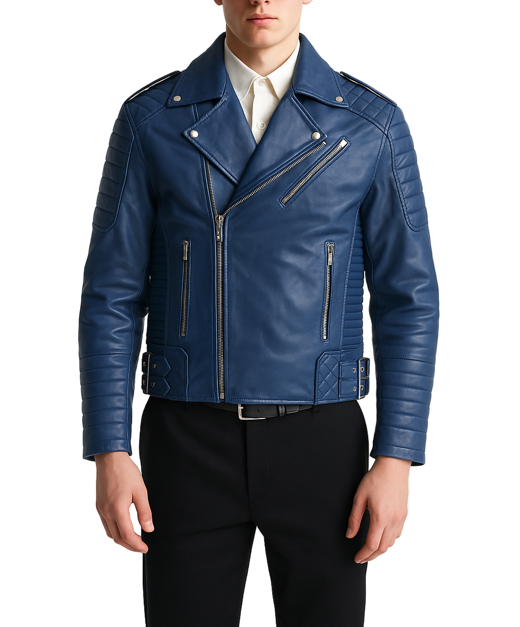 Men's Blue Star Brando Style Motorcycle Leather Jacket Front View, Asymmetrical Zipper, Quilted Sleeves, Real Distressed Leather