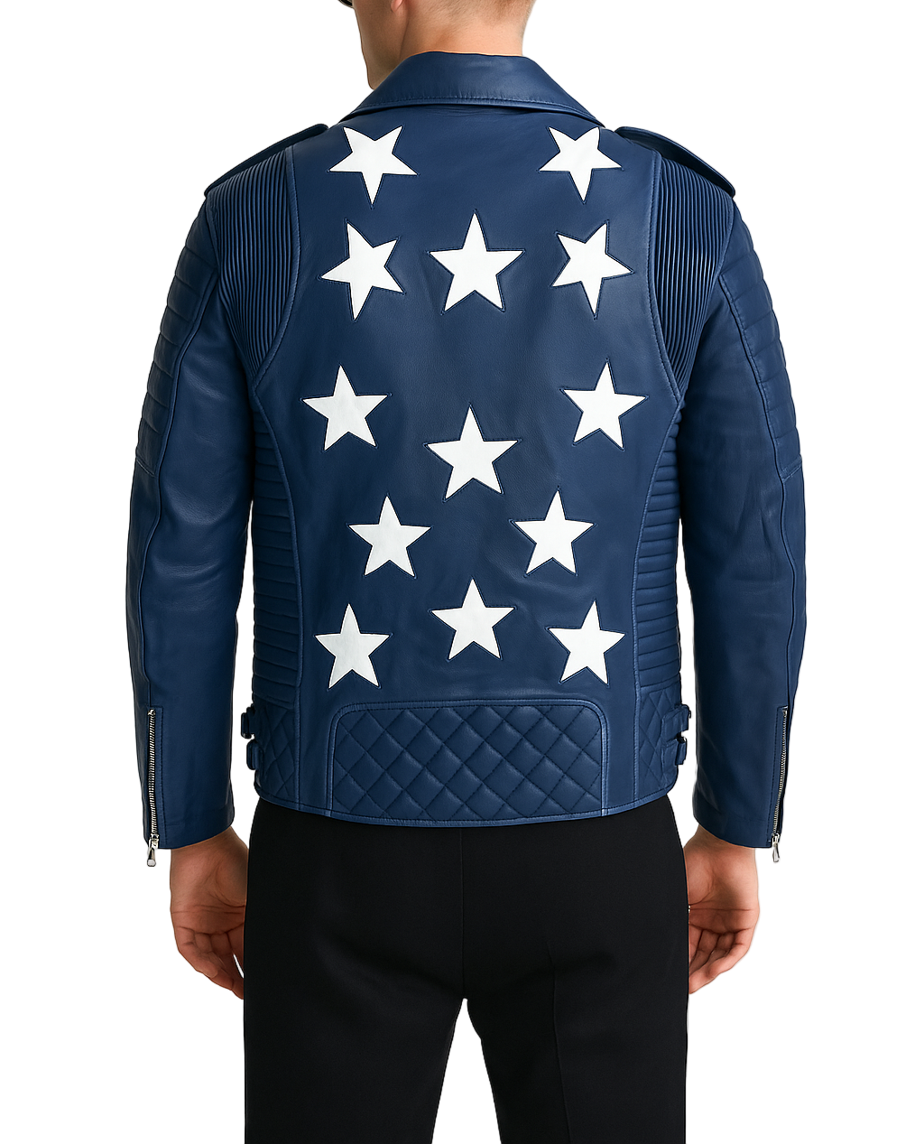 Men's Blue Star Brando Style Biker Leather Jacket Back View with White Star Patches and Quilted Lower Back Panel