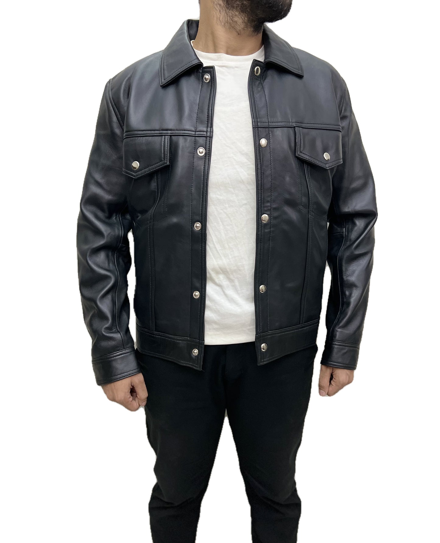 Shadowline Classic Trucker Leather Jacket – men’s black genuine leather trucker jacket front view