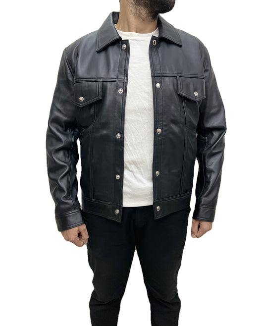 Shadowline Classic Trucker Leather Jacket – men’s black genuine leather trucker jacket front view