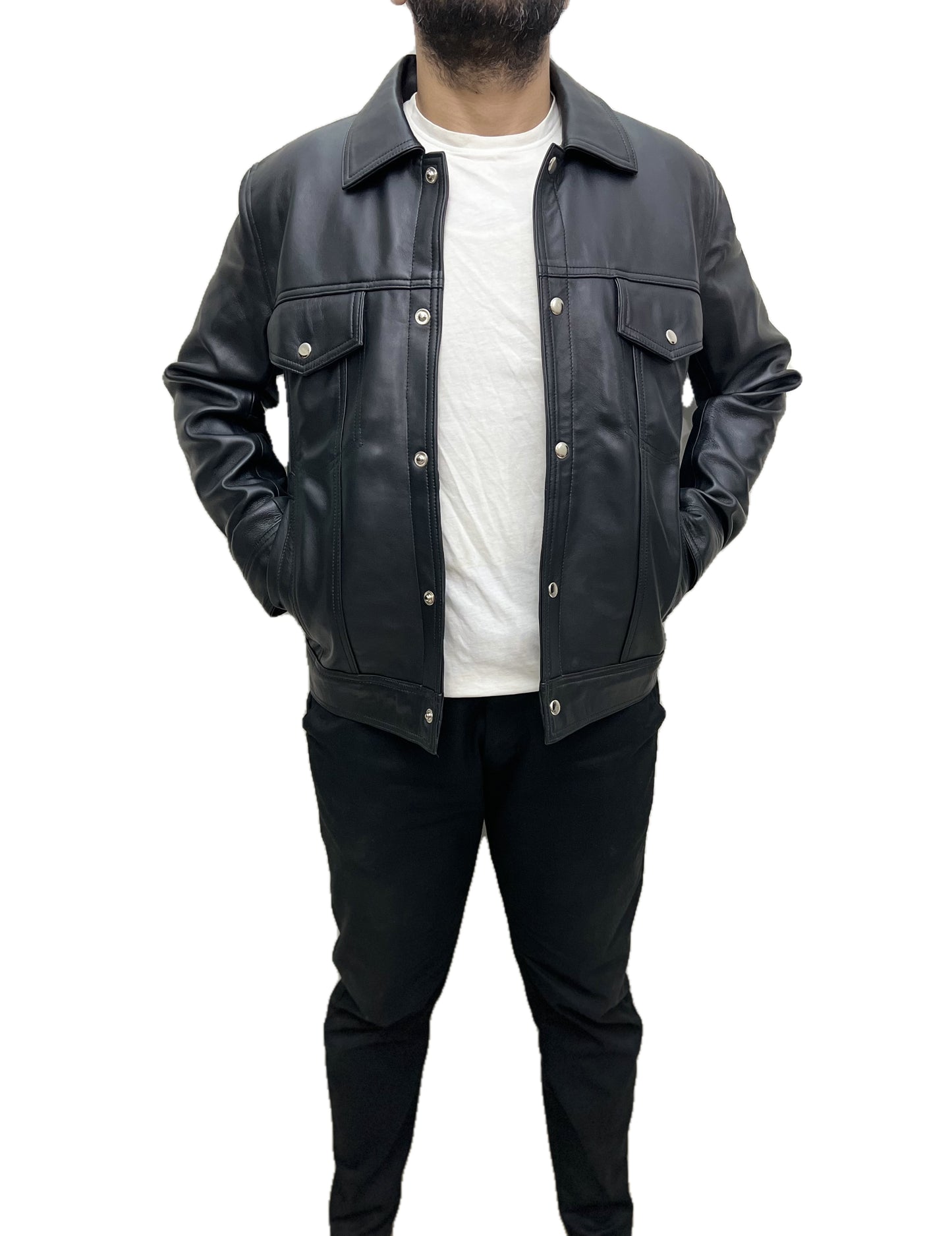 Men’s black leather trucker jacket – Shadowline Classic Trucker with snap button closure and chest pockets