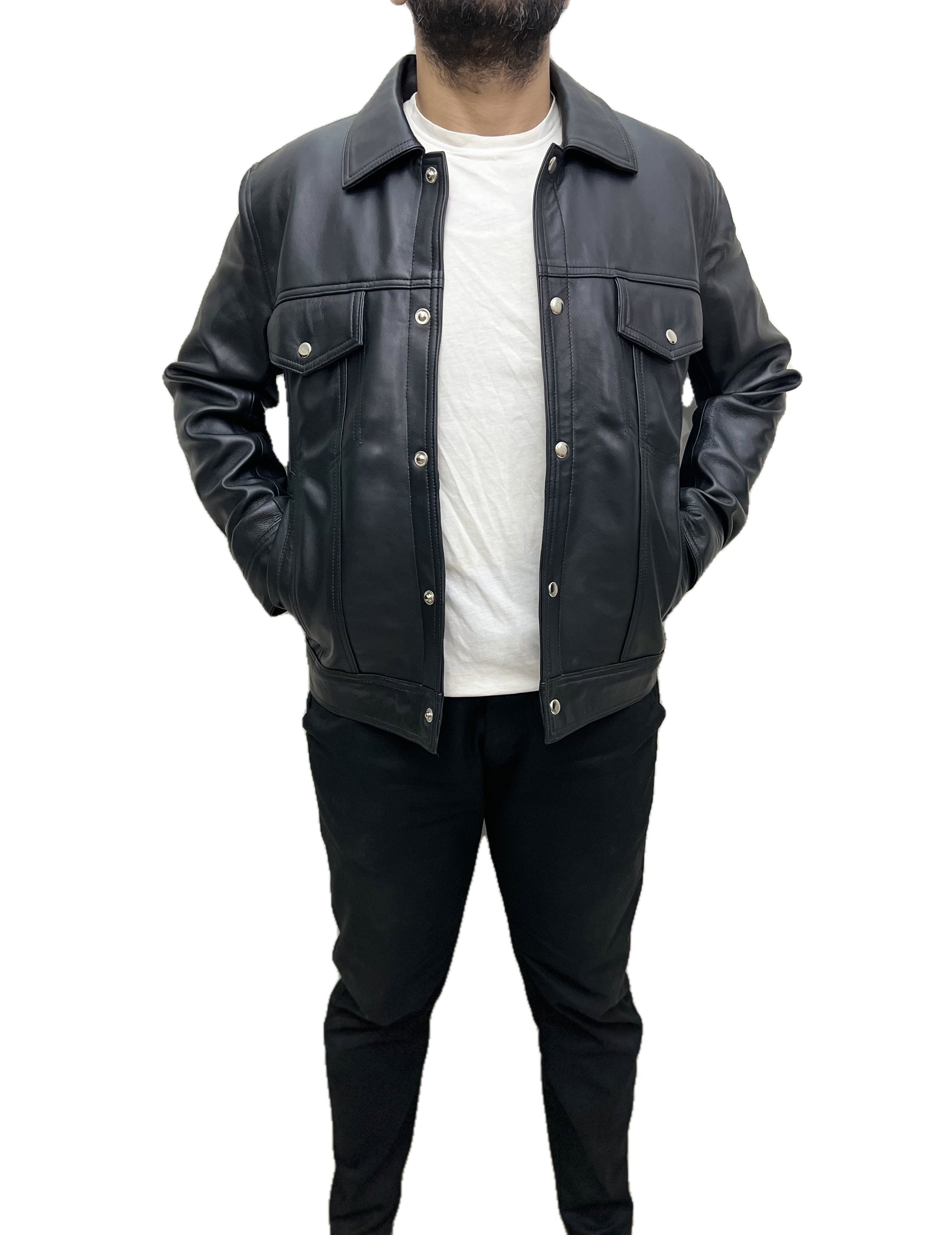 Men’s black leather trucker jacket – Shadowline Classic Trucker with snap button closure and chest pockets