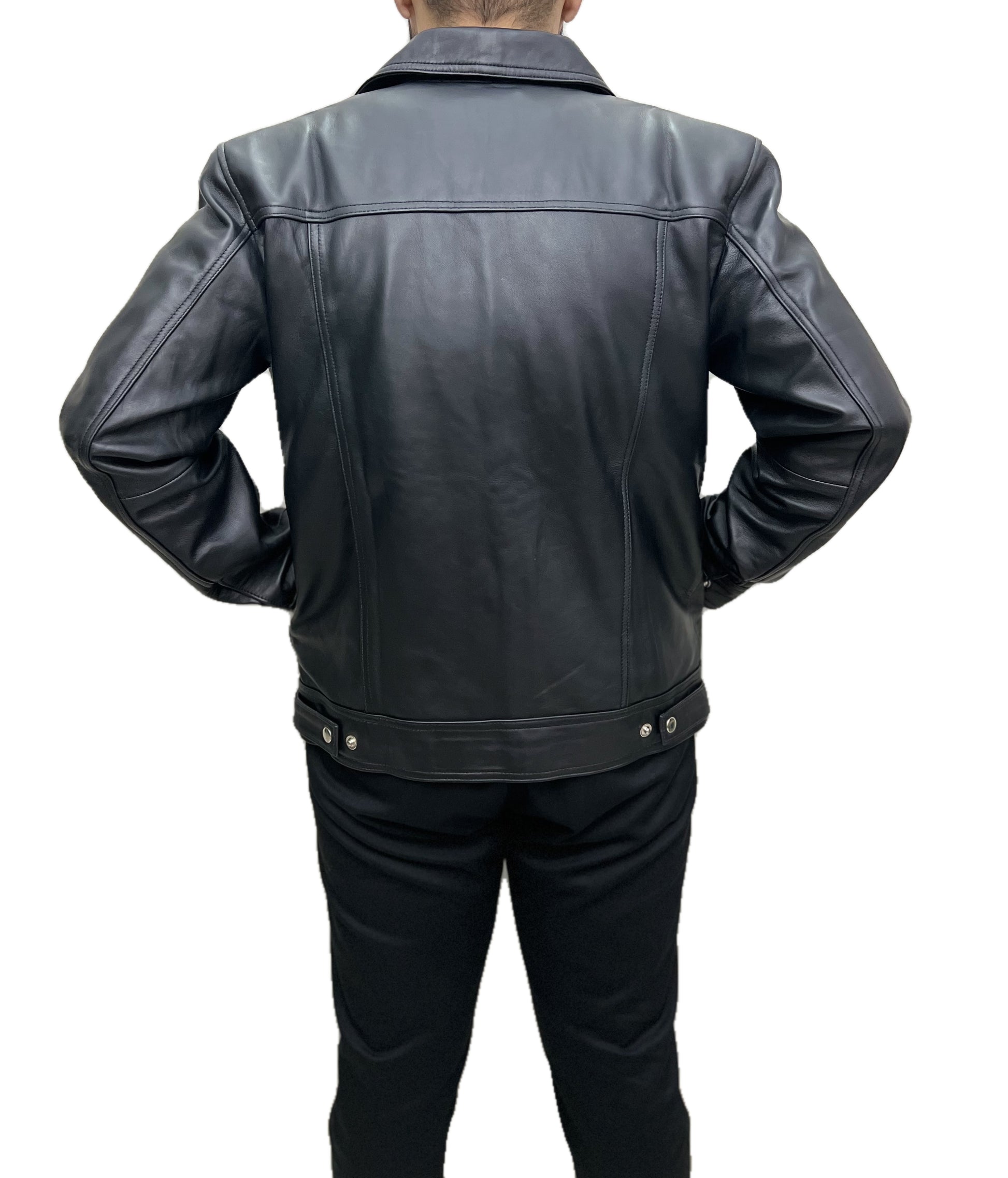 Shadowline Classic Trucker Leather Jacket – men’s black leather trucker jacket back design