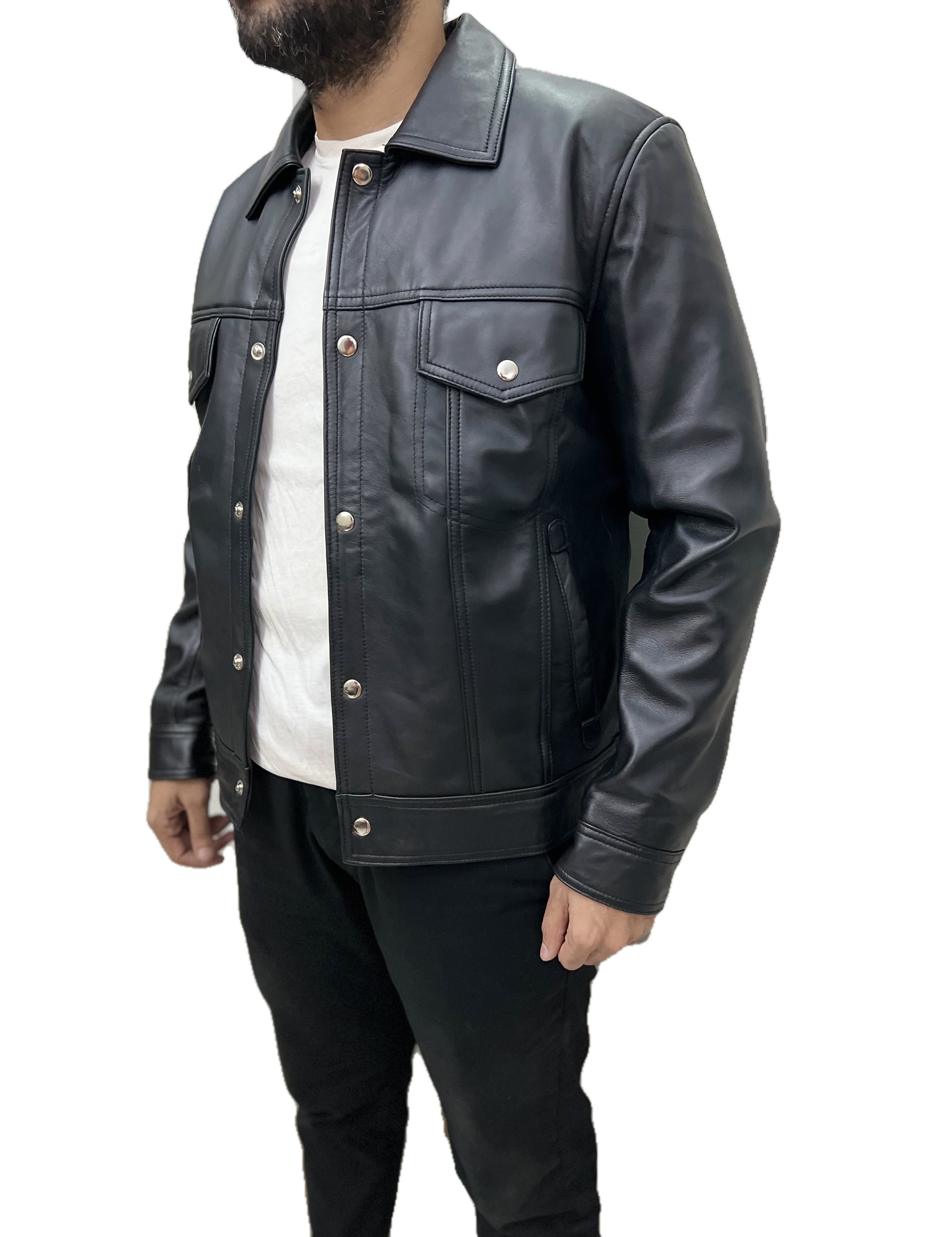 Men’s stylish black trucker leather jacket – Shadowline Classic side angle view