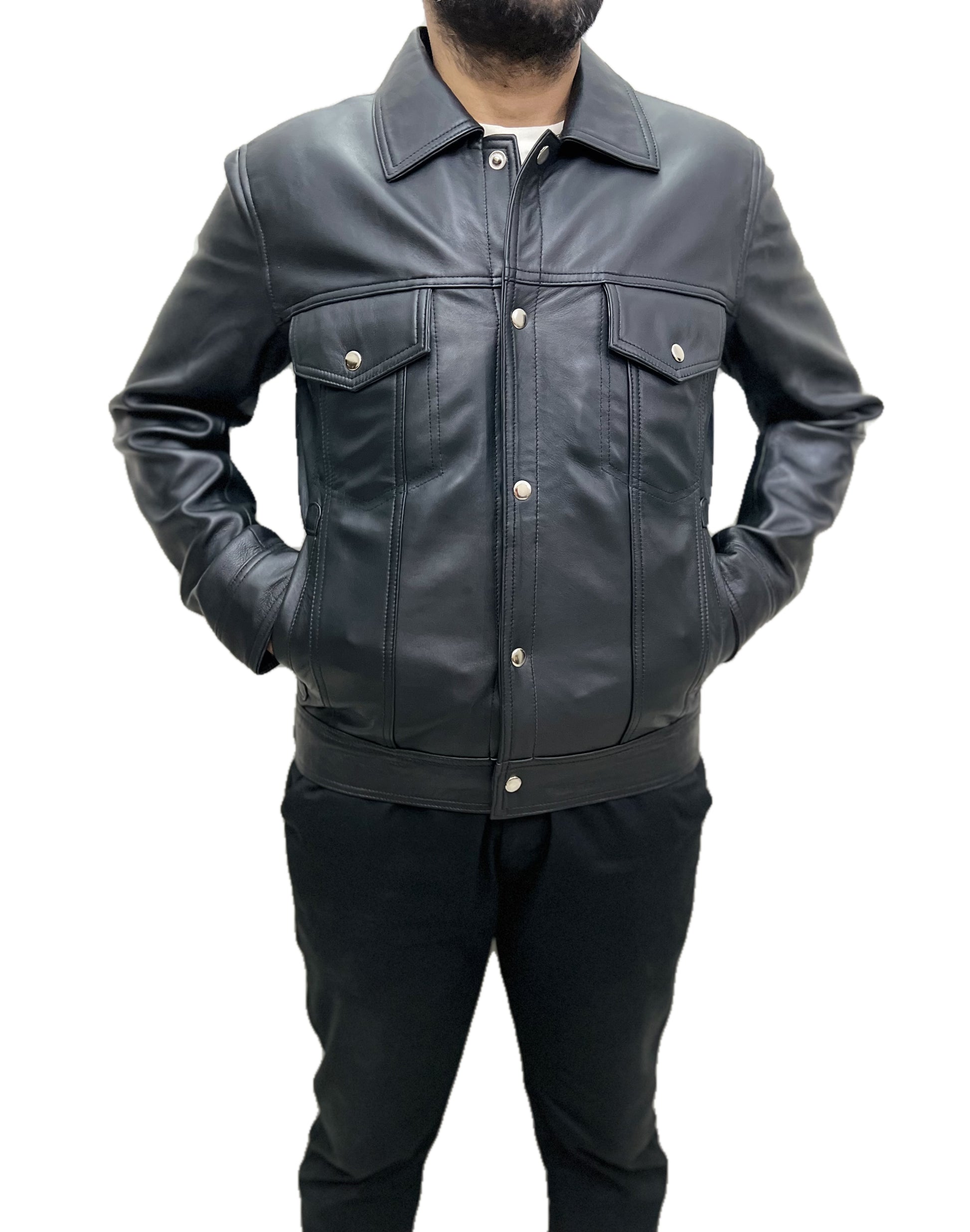 Men’s black leather trucker jacket – Shadowline Classic with modern classic design and premium finish