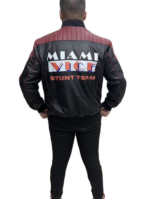 Back view of Miami Vice Stunt Team Ryan Gosling The Fall Guy bomber leather jacket in black and maroon