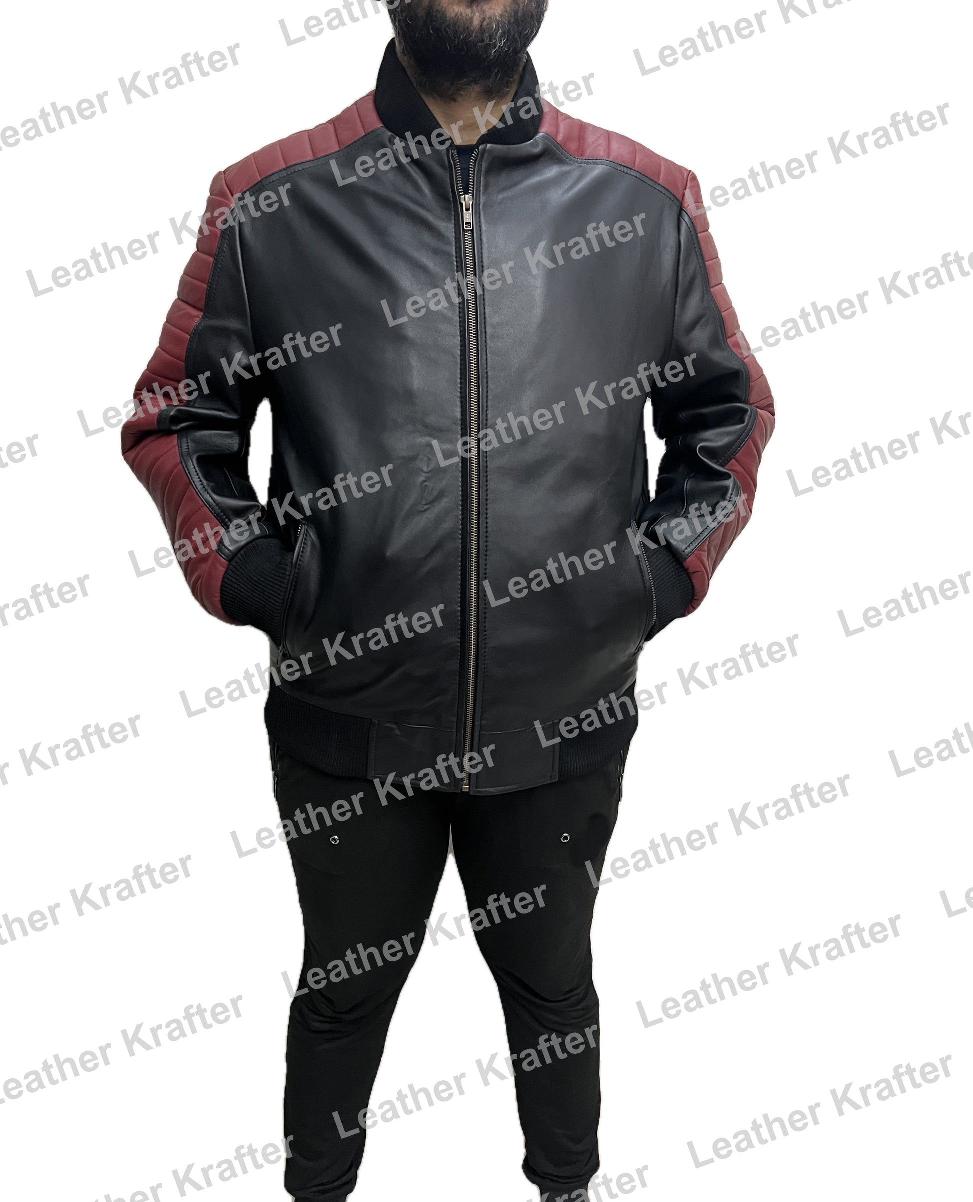 Miami Vice Stunt Team Ryan Gosling bomber jacket with black body and maroon sleeves hands in pockets