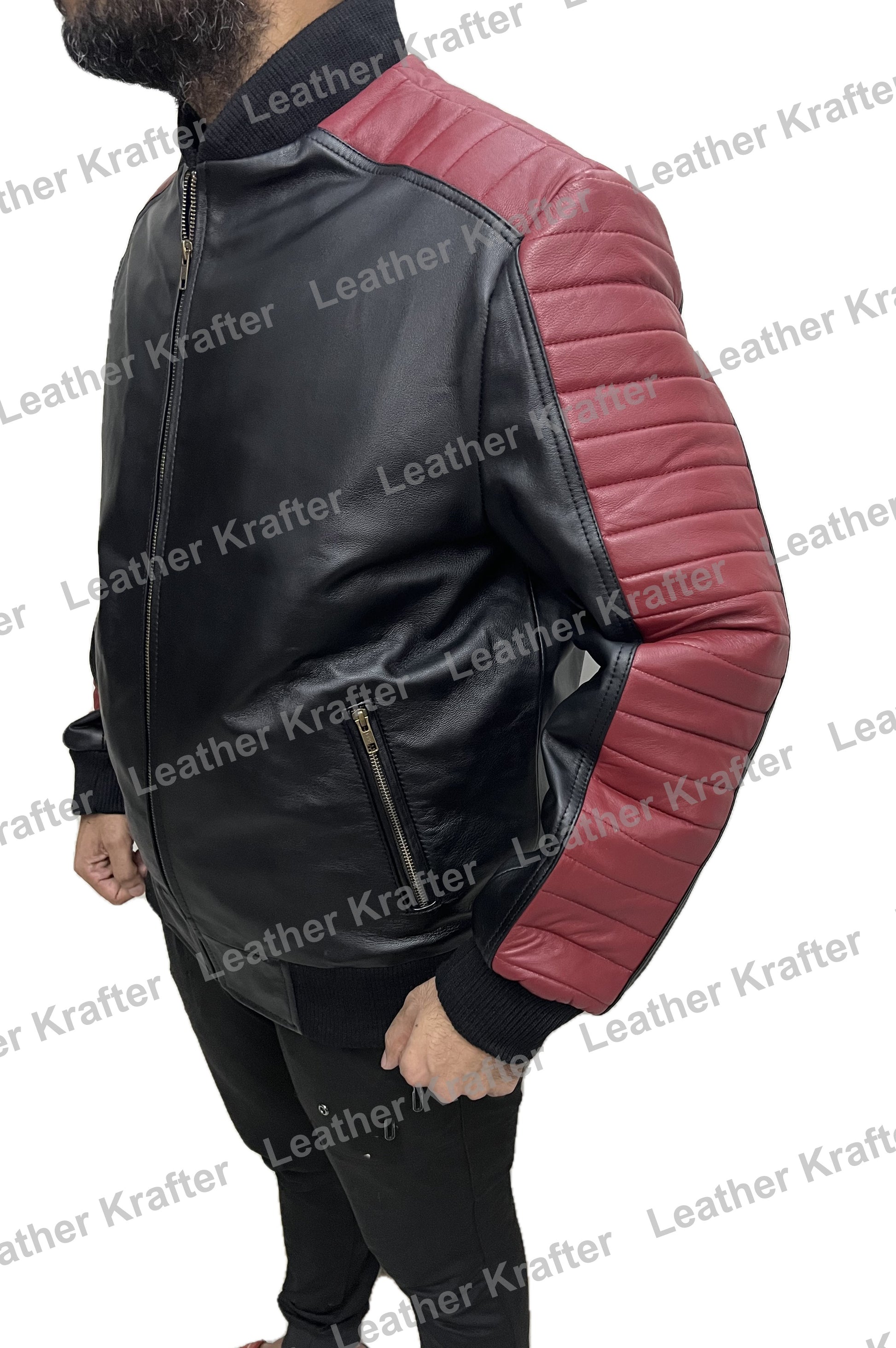 Side angle view of Miami Vice Stunt Team The Fall Guy Ryan Gosling black and maroon real leather jacket