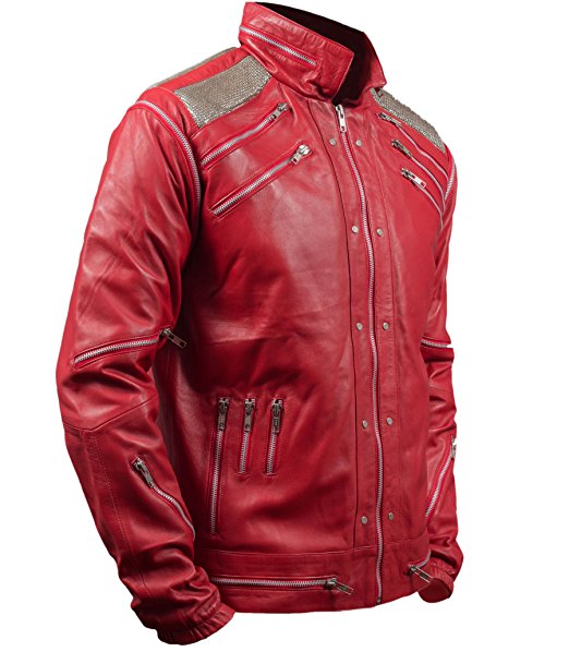 Michael Jackson Beat It jacket side profile – red real leather with shoulder panels and zippers.