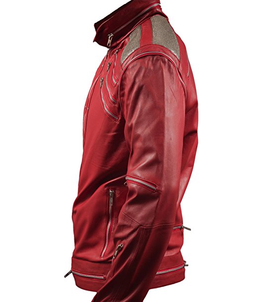 MJ Beat It red leather jacket angled front shot – high-quality real leather with zipper detailing