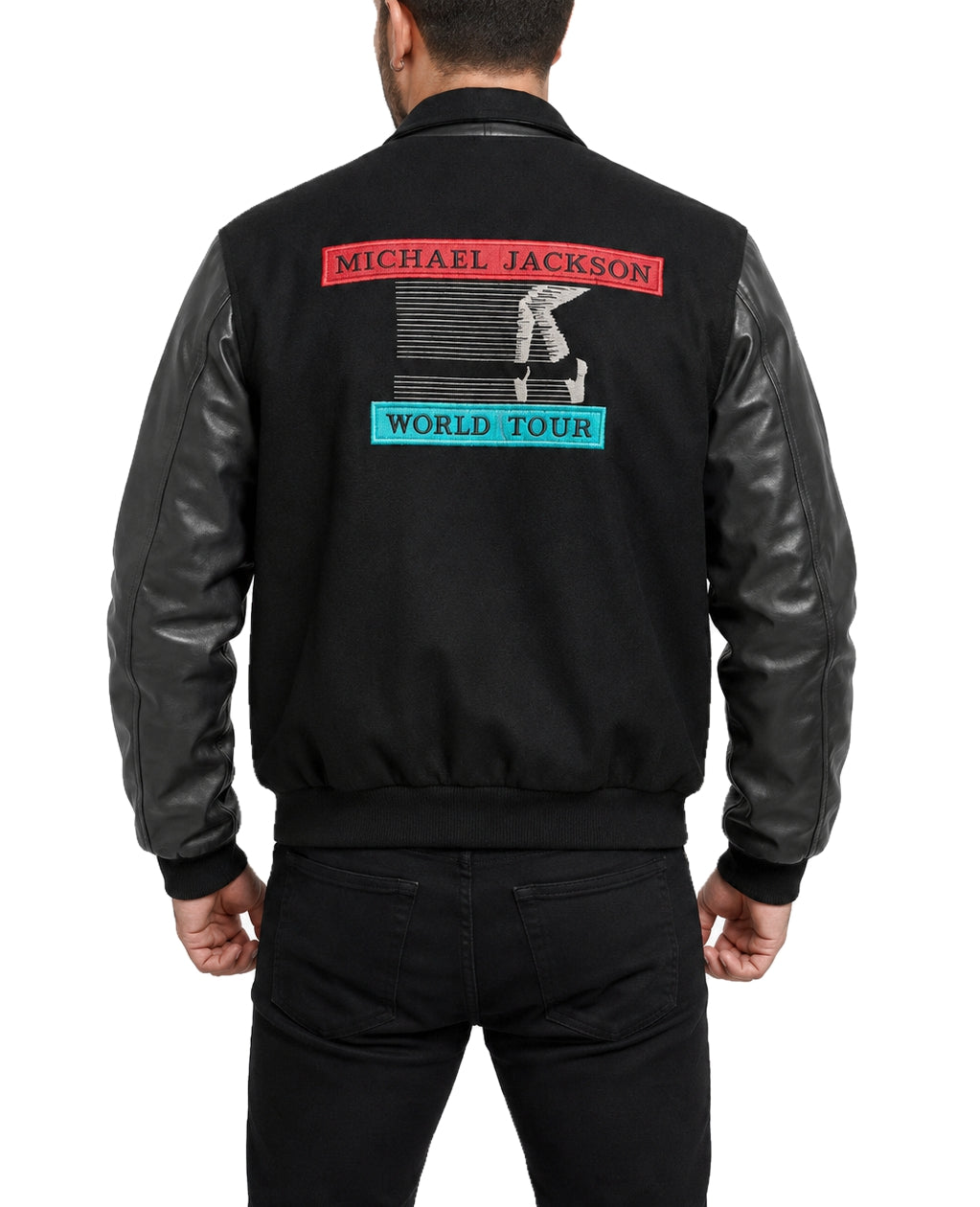 Michael Jackson MJ Bad Bomber Wool Jacket back view featuring Michael Jackson World Tour embroidery, black wool body, leather sleeves, and varsity bomber fit
