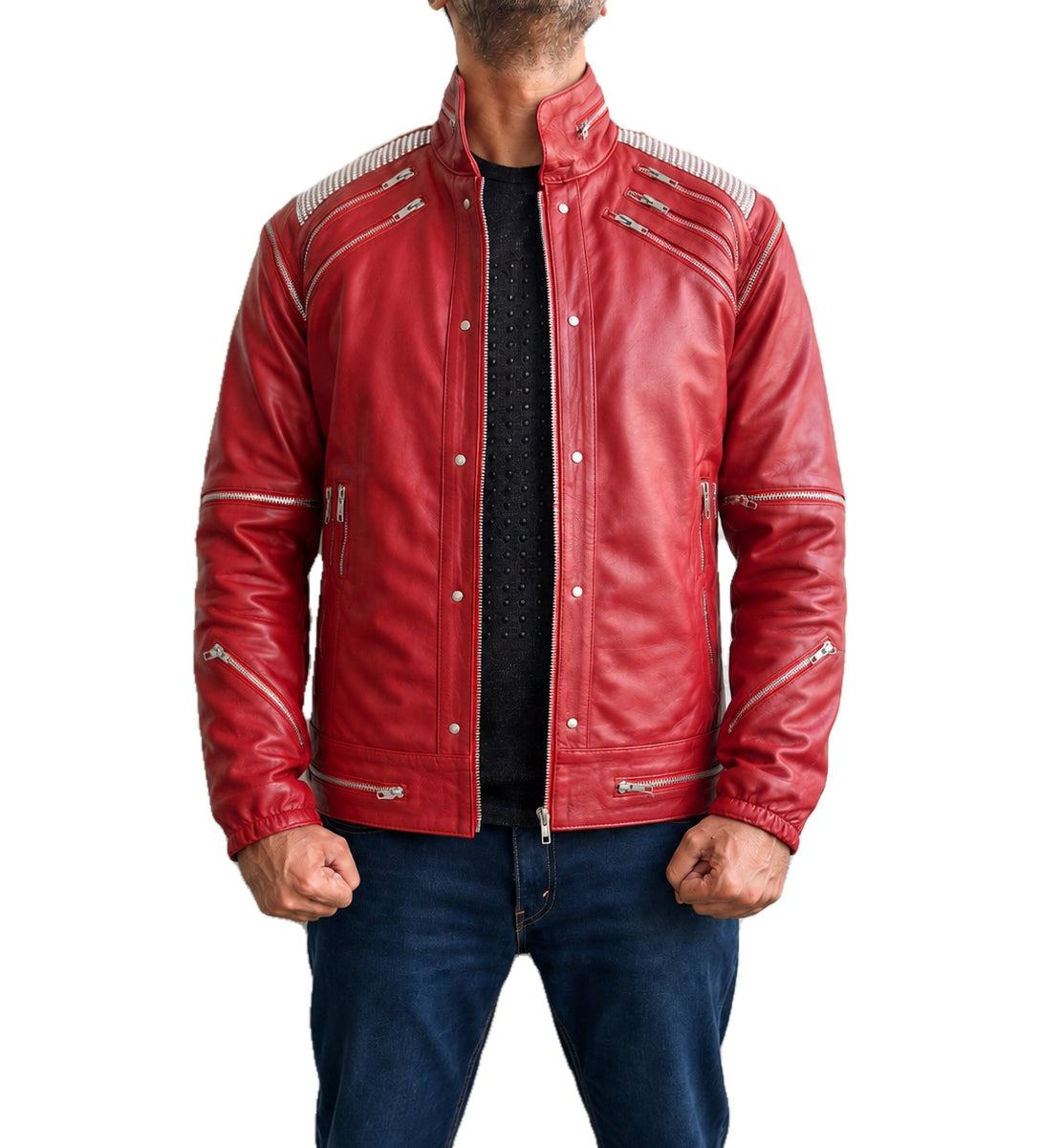 Michael Jackson MJ Beat It classic red real leather jacket front open view with silver zipper details