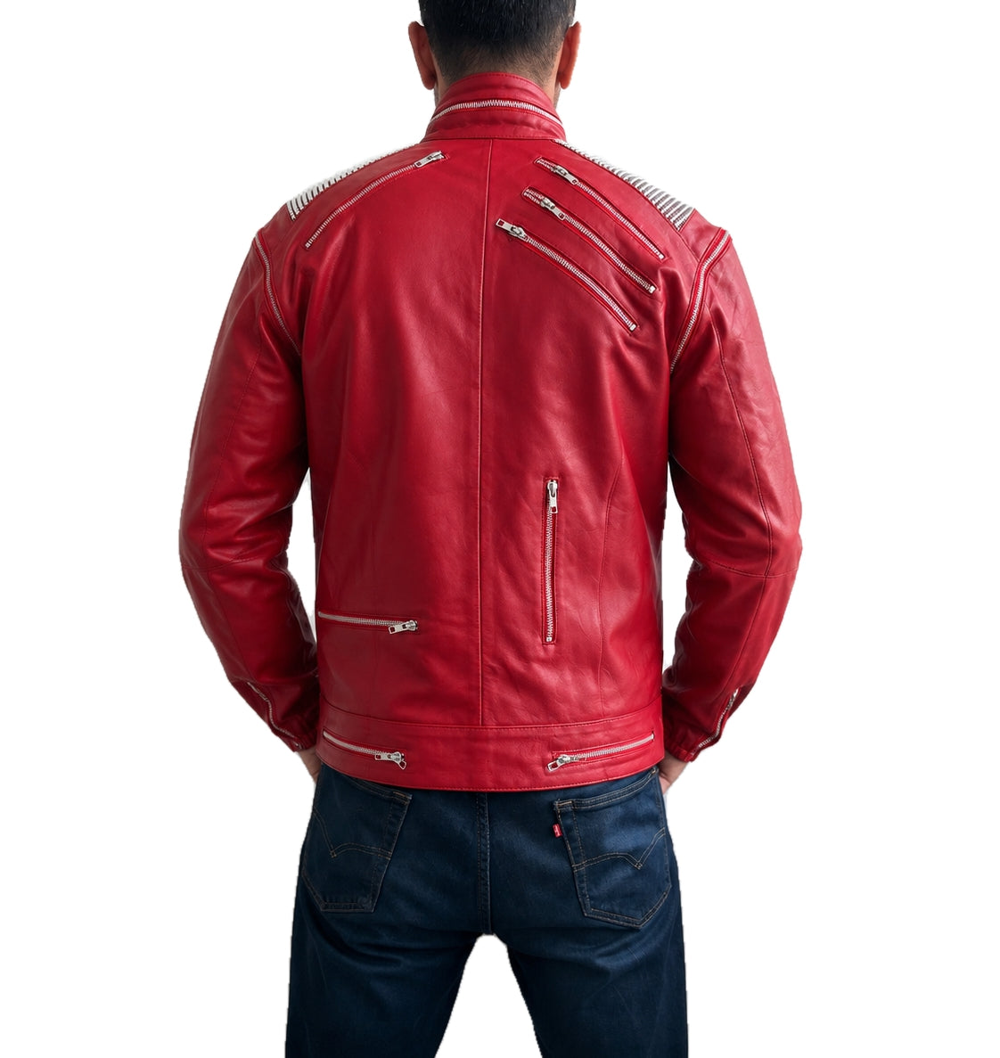 Michael Jackson Beat It red real leather jacket back view featuring silver zippers and studded shoulder design