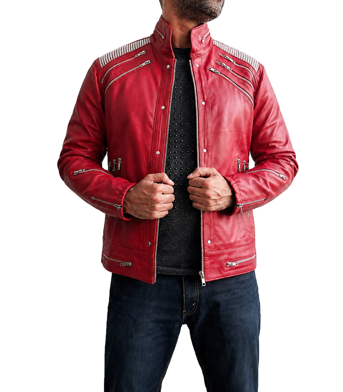Michael Jackson MJ Beat It red real leather jacket front open pose inspired by the iconic Beat It style