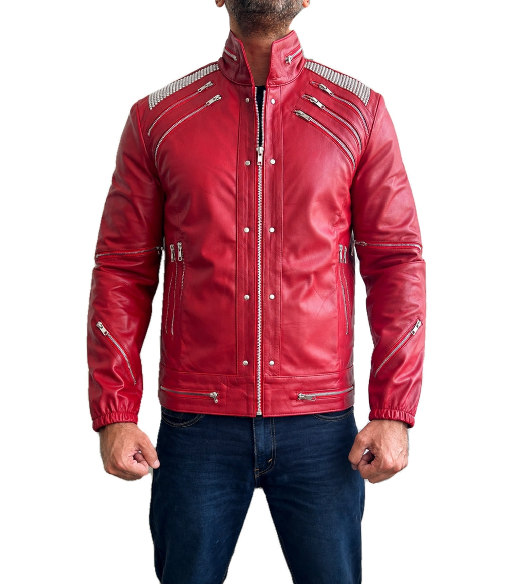 Michael Jackson Beat It classic real leather jacket front view in red with silver zippers and shoulder detailing