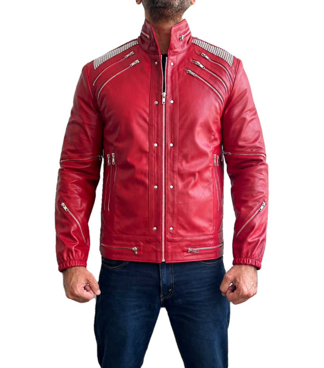 Michael Jackson Beat It classic real leather jacket front view in red with silver zippers and shoulder detailing