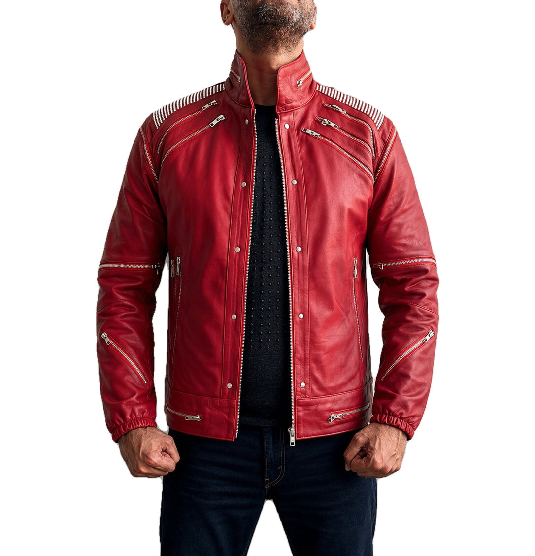 Michael Jackson MJ Beat It classic red real leather jacket front open view with silver zipper details
