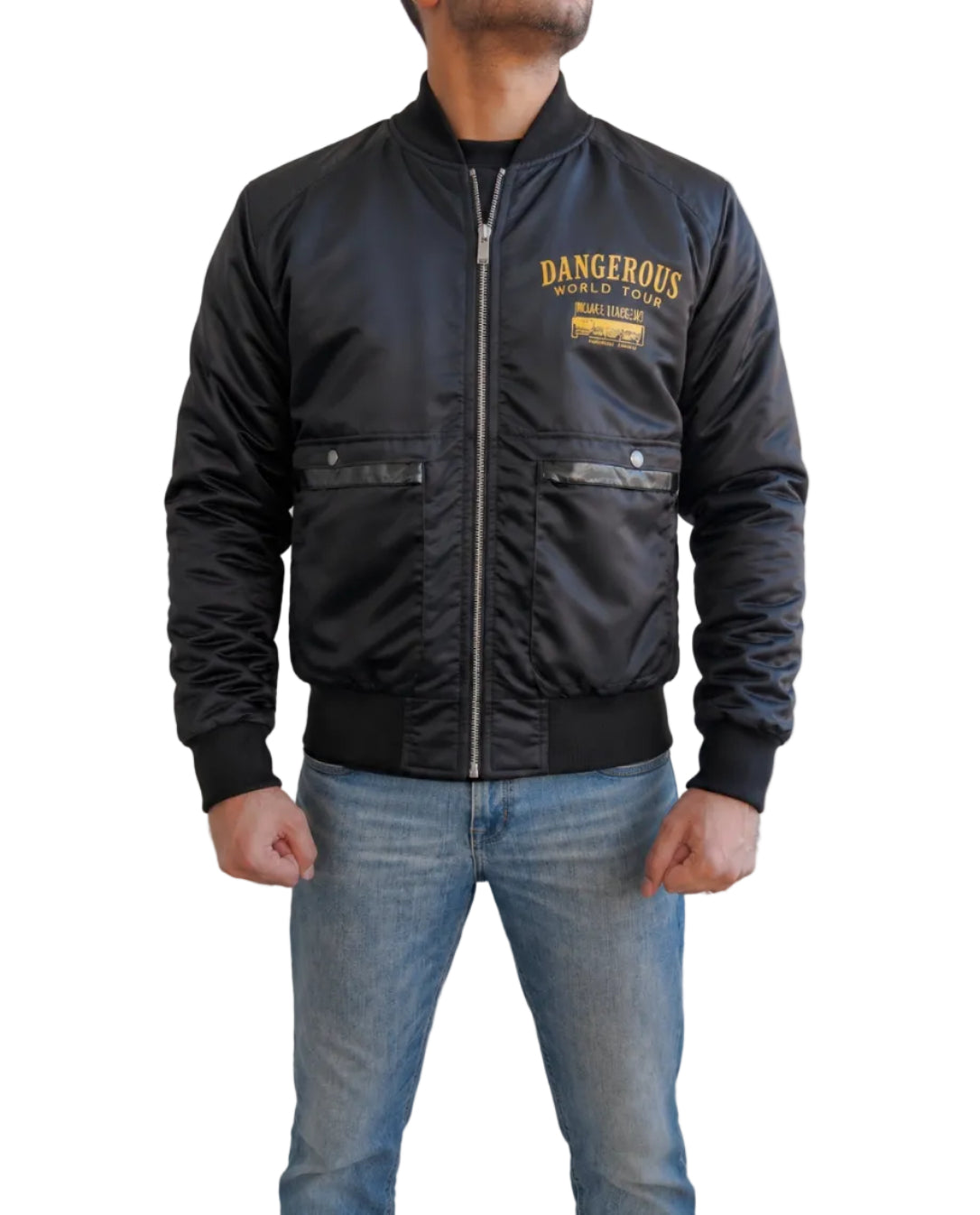 Michael Jackson MJ Dangerous Pepsi World Tour Flight Bomber Jacket front view black celebrity inspired bomber jacket for men