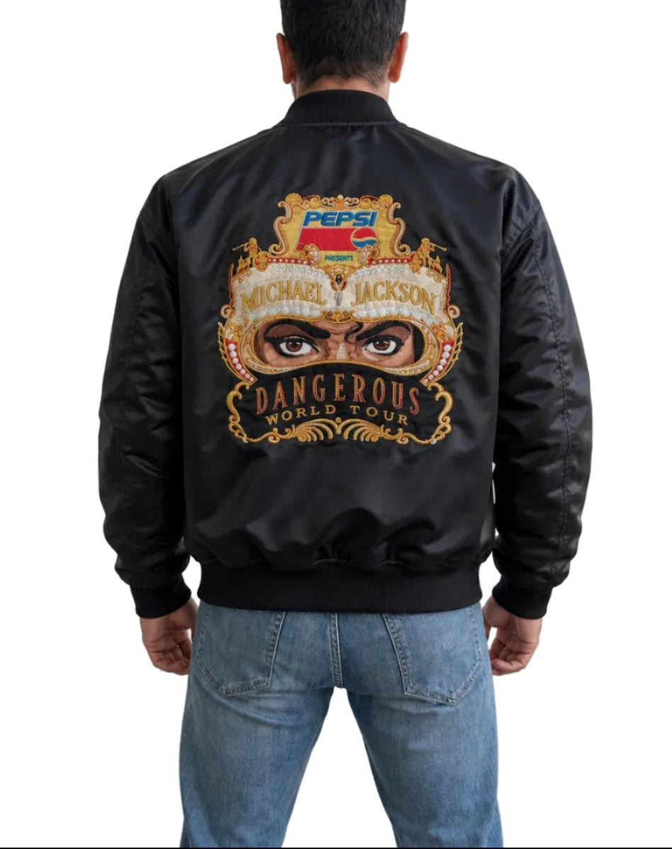 Back side of Michael Jackson Dangerous World Tour Pepsi Flight Bomber Jacket with iconic MJ tour graphic design