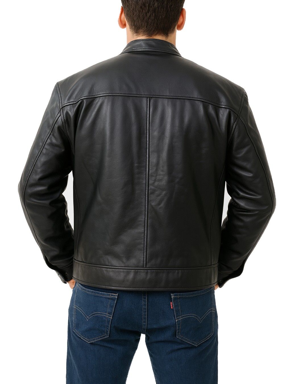 Back view of men’s real leather black biker jacket slim fit design