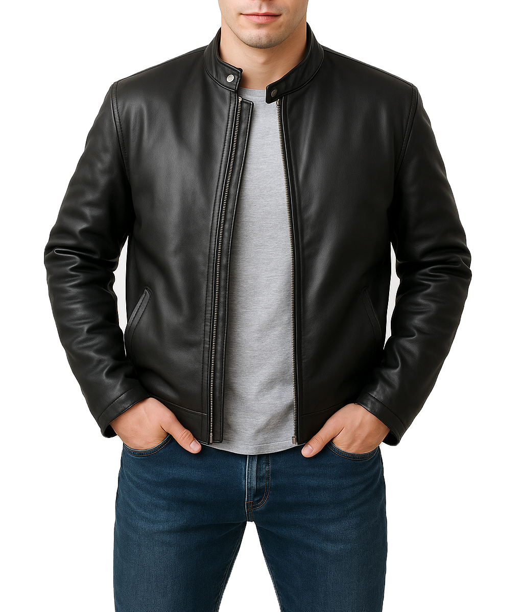 Model wearing Midnight Rider men’s black slim fit motorcycle leather jacket