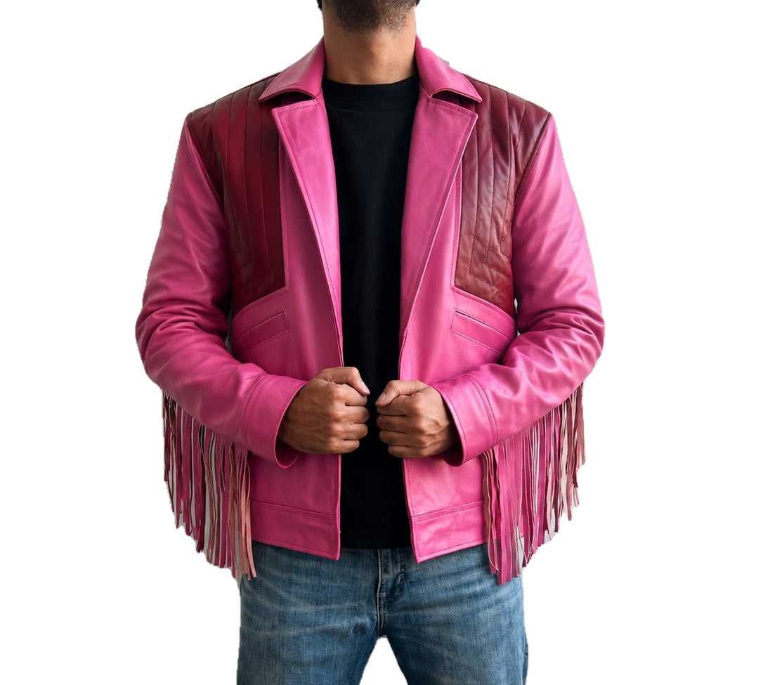 Minecraft Jason Momoa Garett The Garbage Man pink biker leather jacket with burgundy panels, fringe detailing and lapel collar