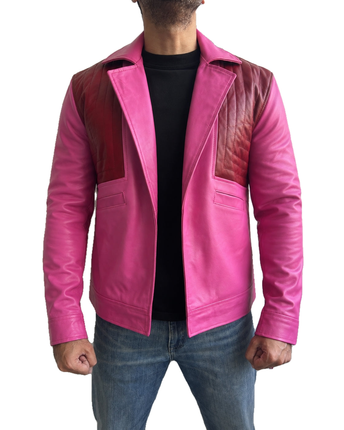 Front view of Minecraft Jason Momoa Garett pink leather jacket with burgundy quilted shoulders and wide lapel collar