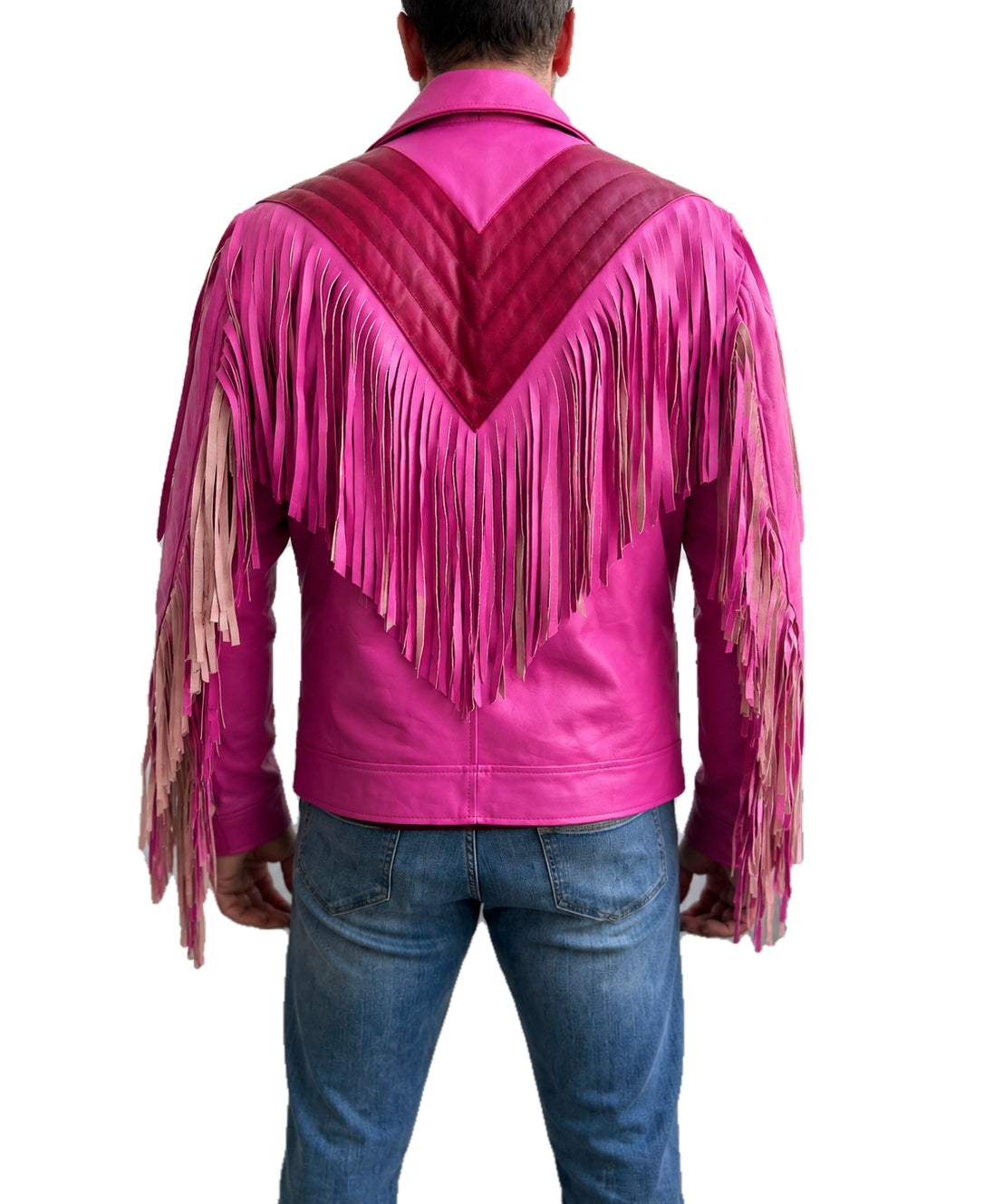 Back view of Jason Momoa Garett The Garbage Man leather jacket featuring layered pink fringe and burgundy V shaped panel