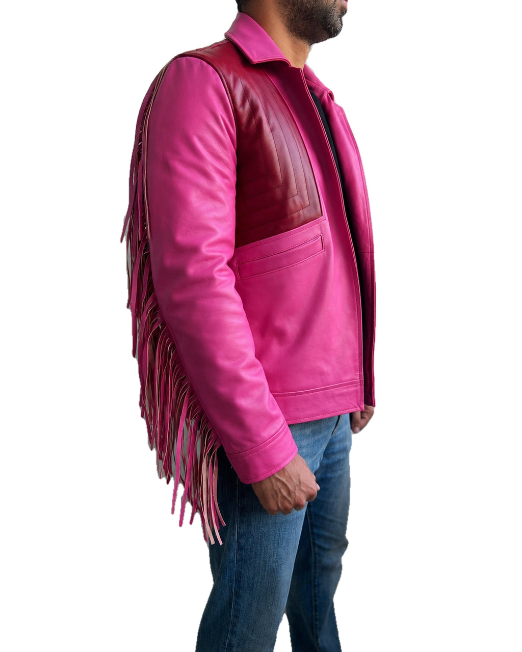 Side view of Minecraft Garett The Garbage Man biker leather jacket with pink sleeves, burgundy chest panels and long fringe