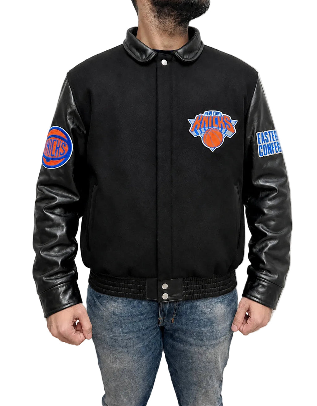 New York NY Knicks black bomber leather jacket front view with chest and sleeve patches