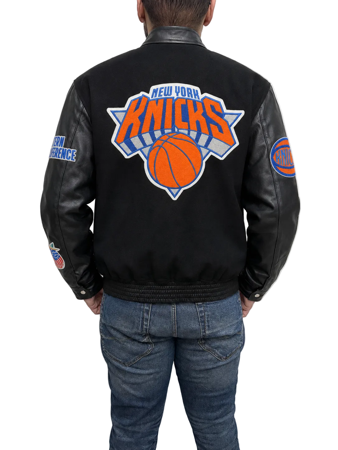 New York NY Knicks Basketball NBA Bomber Leather Jacket back view with large logo patch