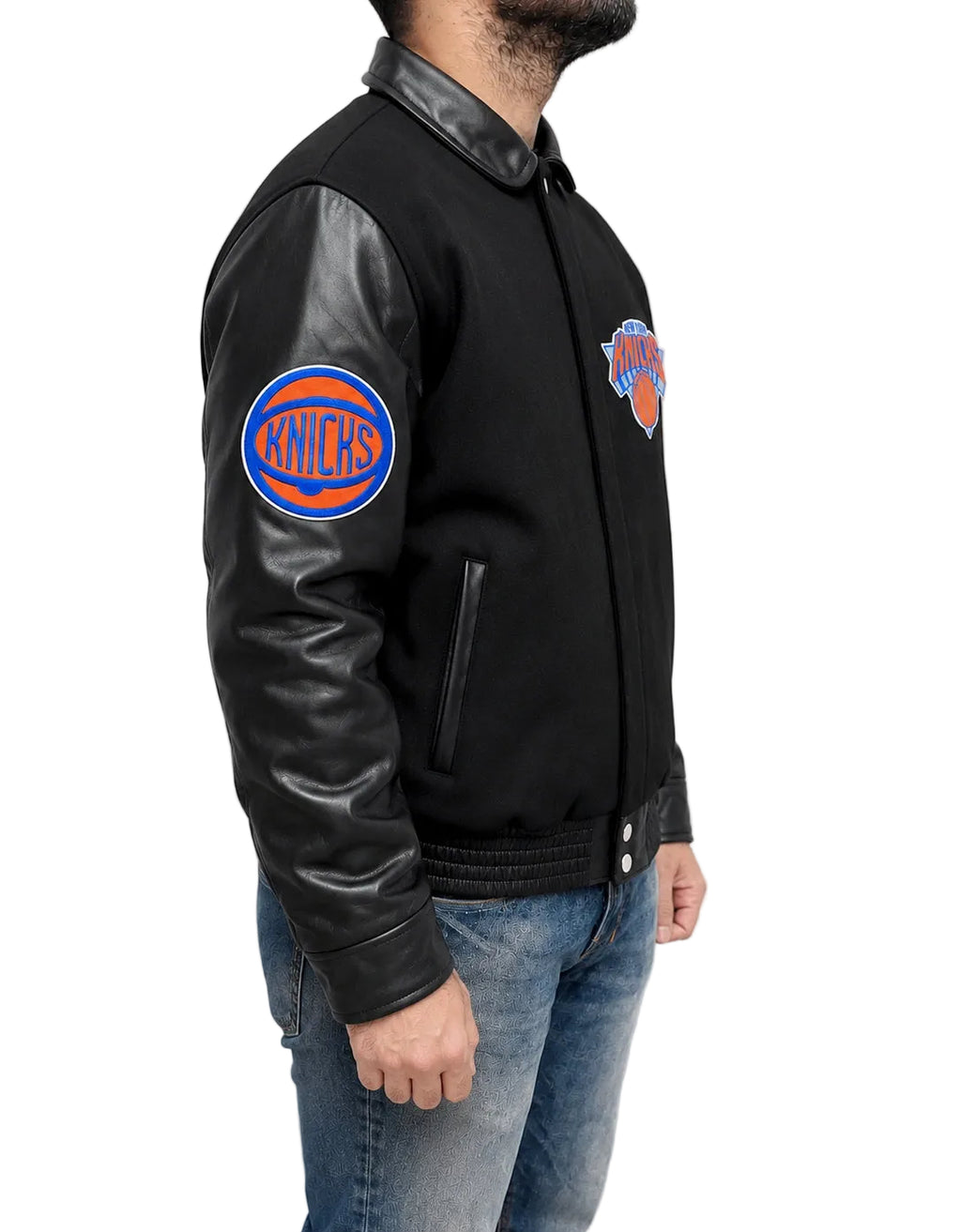 NY Knicks basketball varsity bomber leather jacket side view with black leather sleeves