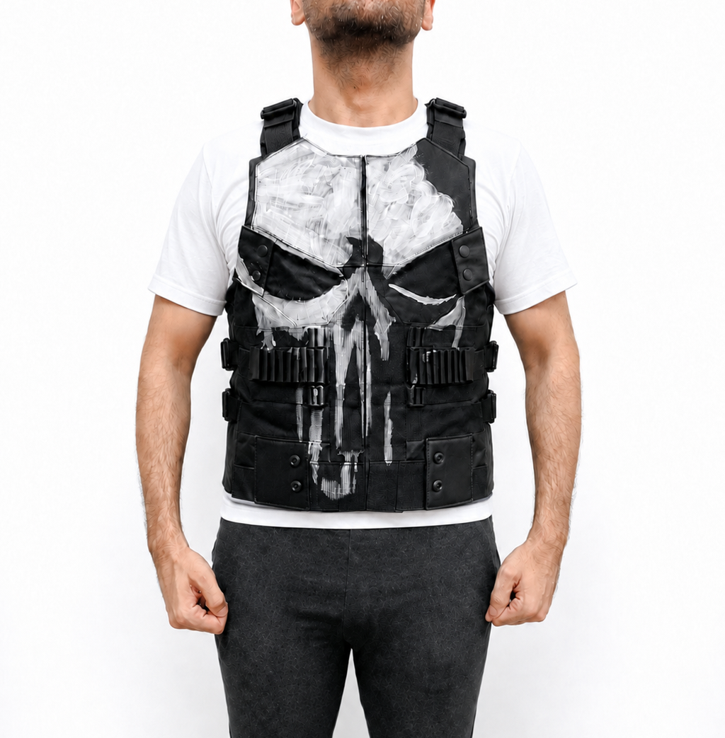 Punisher Frank Castle Jon Bernthal tactical leather vest front view with white skull design and black utility straps