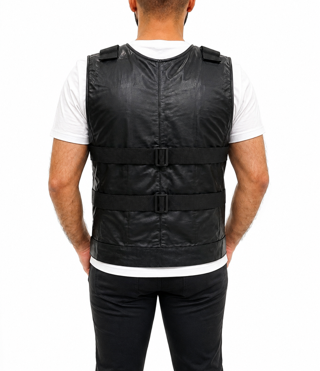 Punisher Frank Castle Jon Bernthal tactical leather vest back view with adjustable black straps and leather panel design