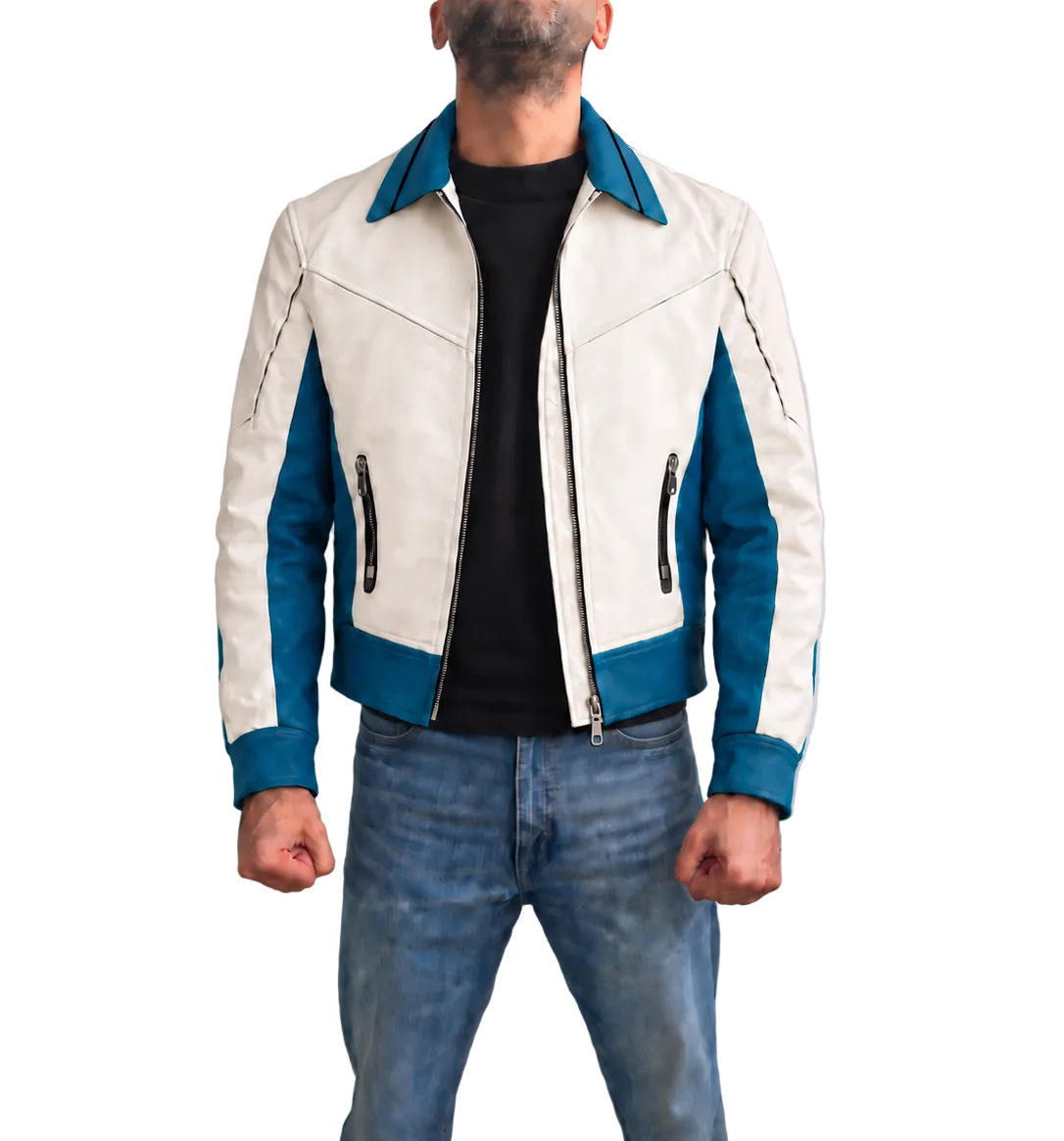 Reed Richards Mr Fantastic Pedro Pascal blue and white real leather jacket front view with zippered pockets