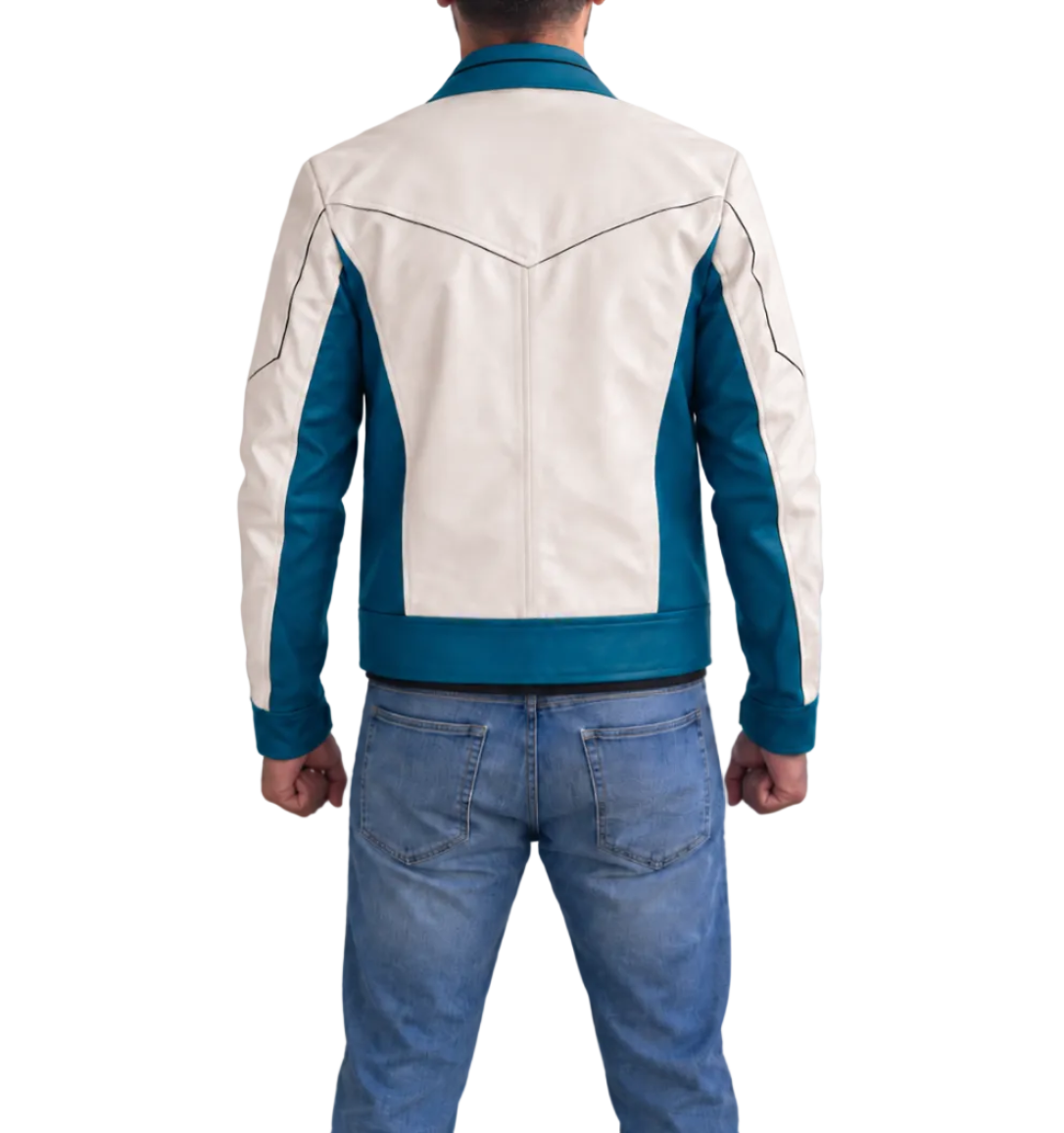 Back view of Reed Richards Mr Fantastic real leather jacket featuring a white back panel and blue waistband
