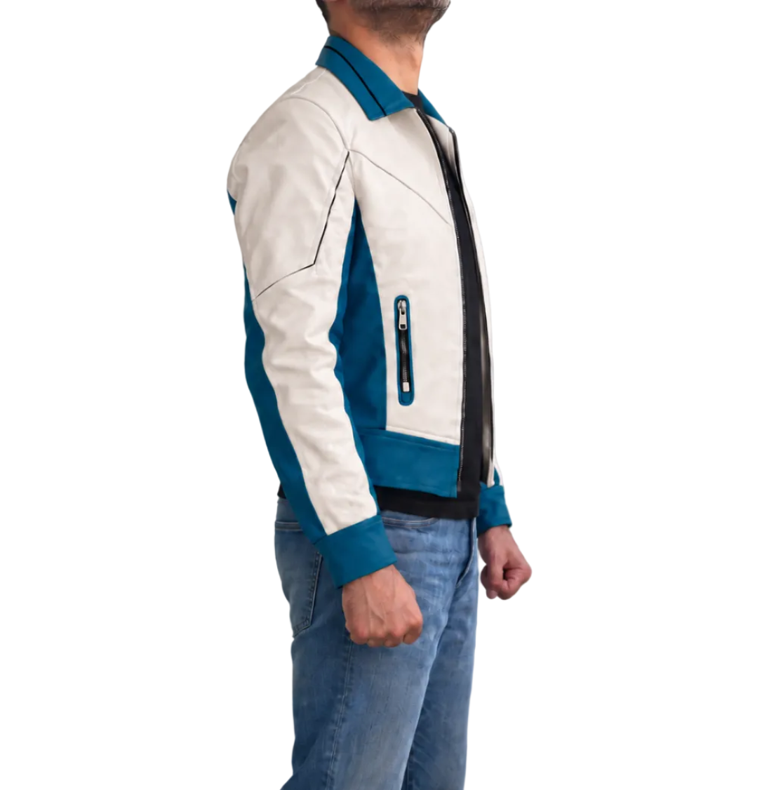 Side view of Pedro Pascal Reed Richards Avengers Doomsday leather jacket showing blue sleeve panels and white leather detailing