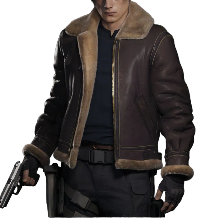 Resident Evil 4 Leon Scott B3 Aviator Bomber Jacket front open view with shearling fur lining
