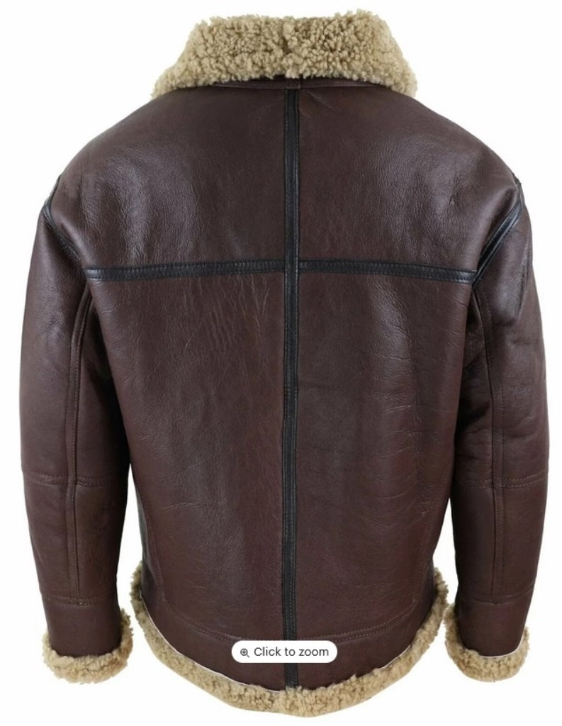 Resident Evil 4 Leon Scott B3 Aviator Bomber Real Leather Jacket back side with shearling hem and seams