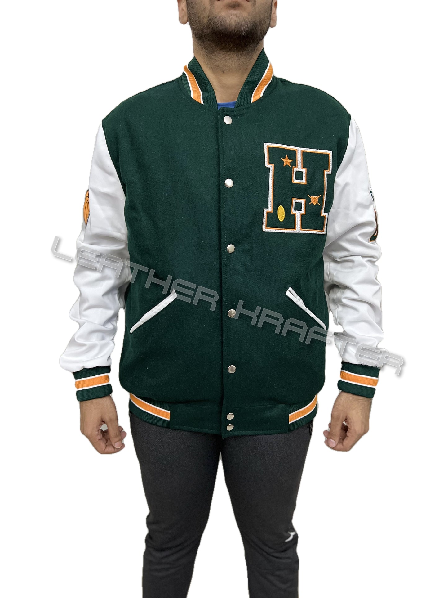Stranger Things Hawkins Bomber Lettermen Varsity Wool Jacket front view in green and white sleeves
